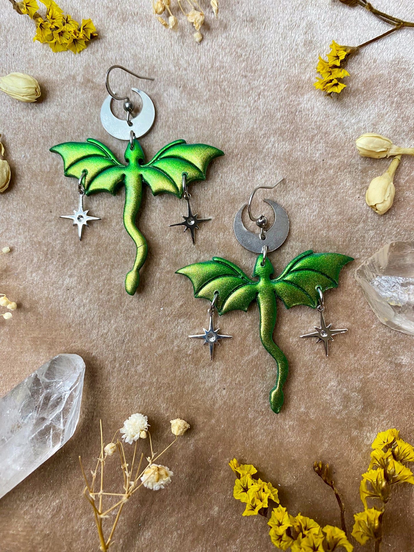 Dragon in Flight Earrings - Green