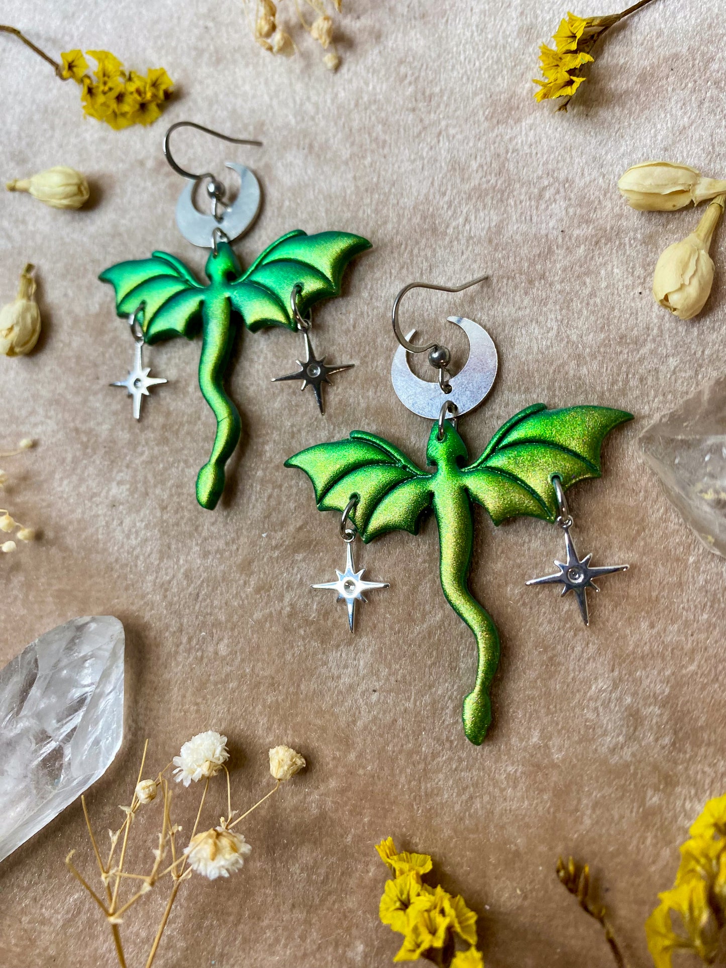 Dragon in Flight Earrings - Green