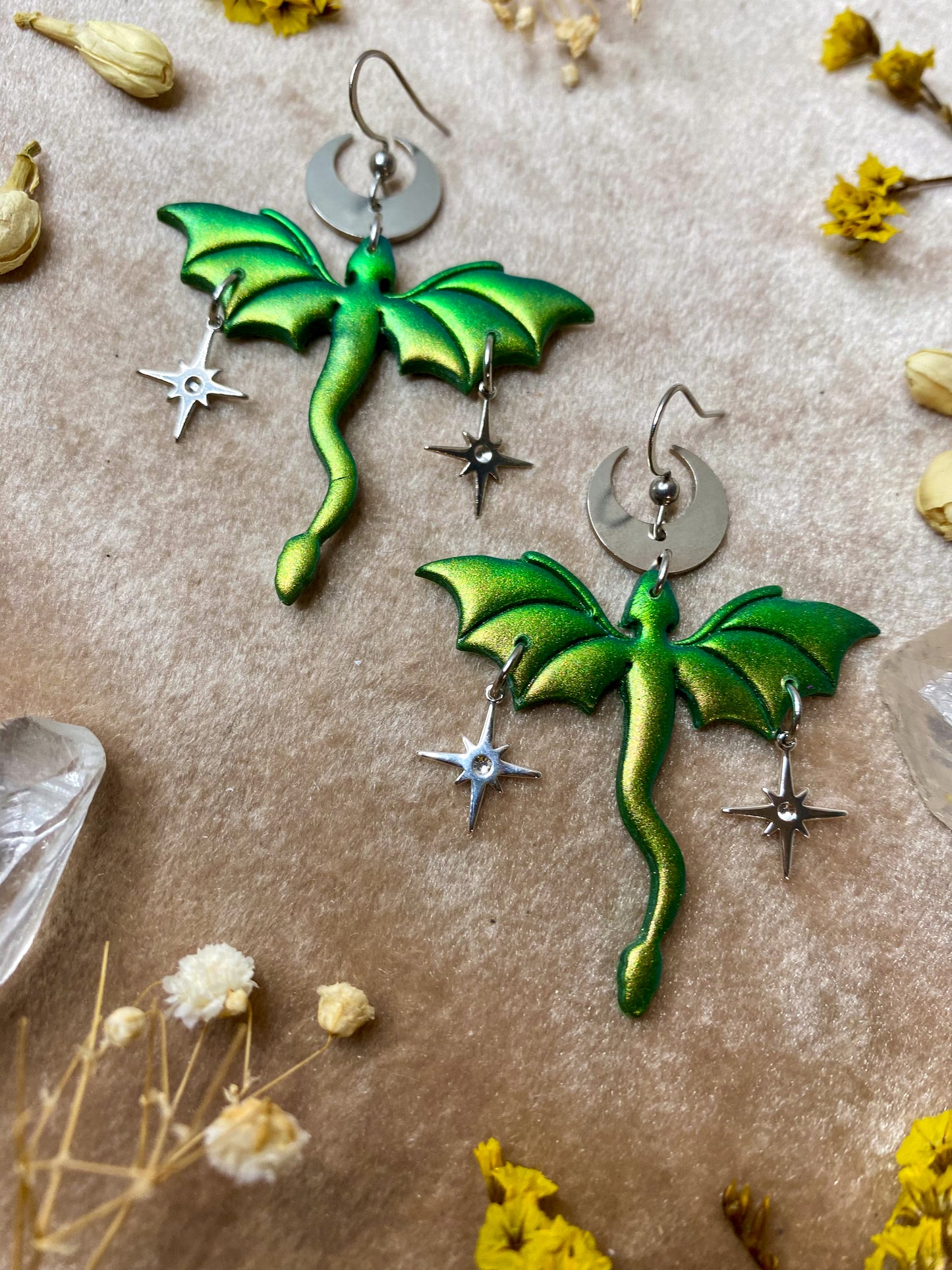 Dragon in Flight Earrings - Green