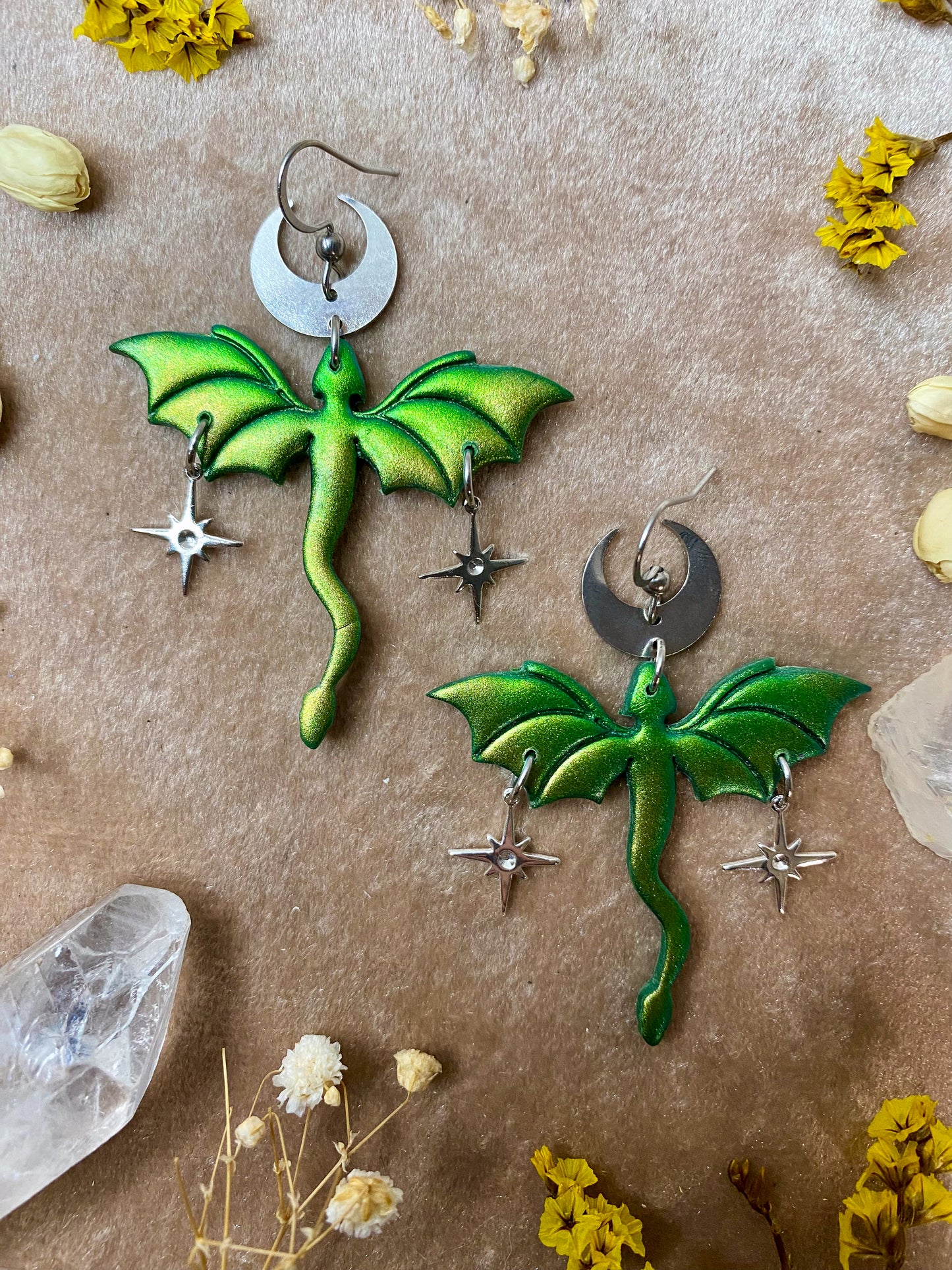 Dragon in Flight Earrings - Green