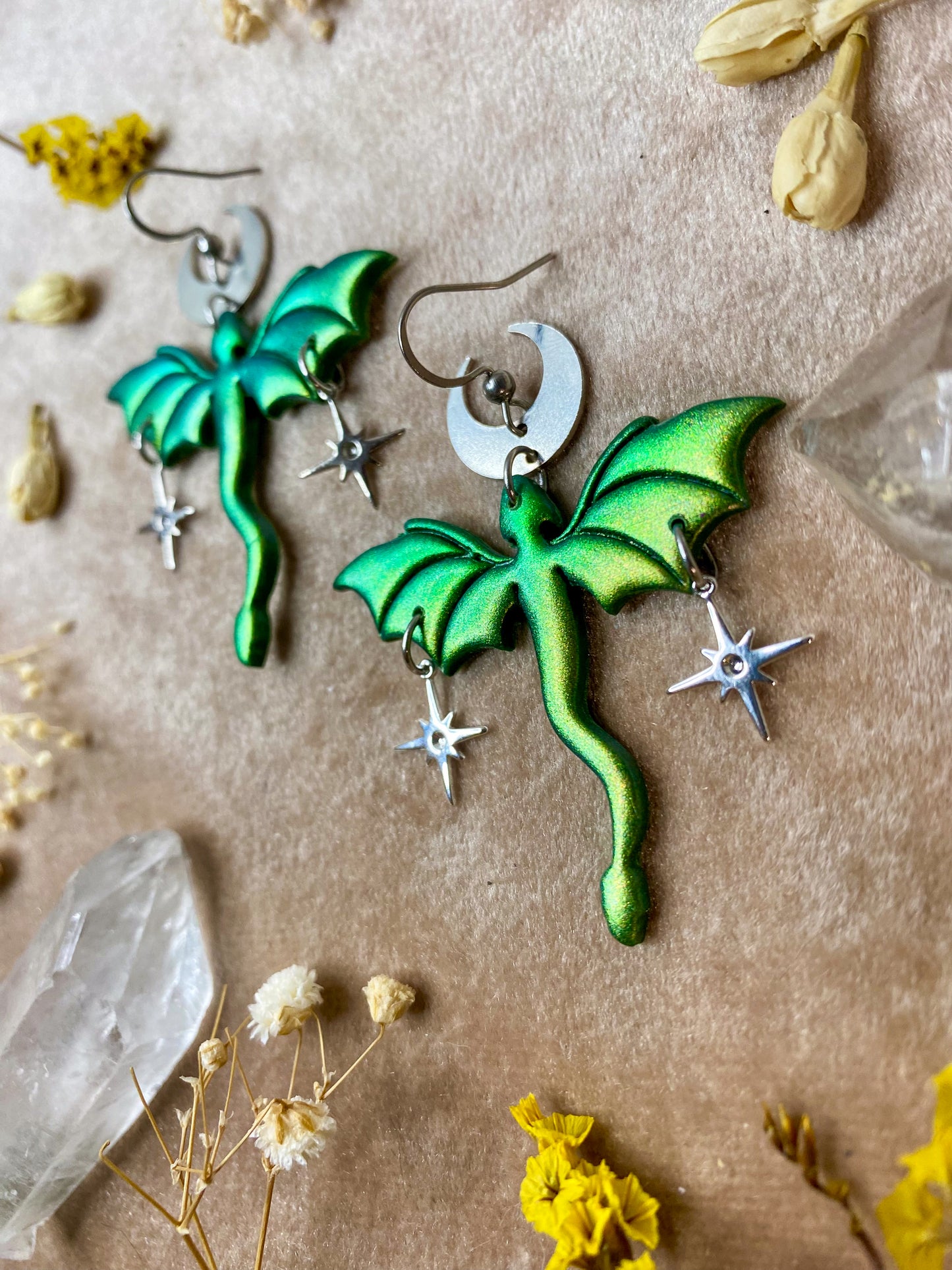 Dragon in Flight Earrings - Green