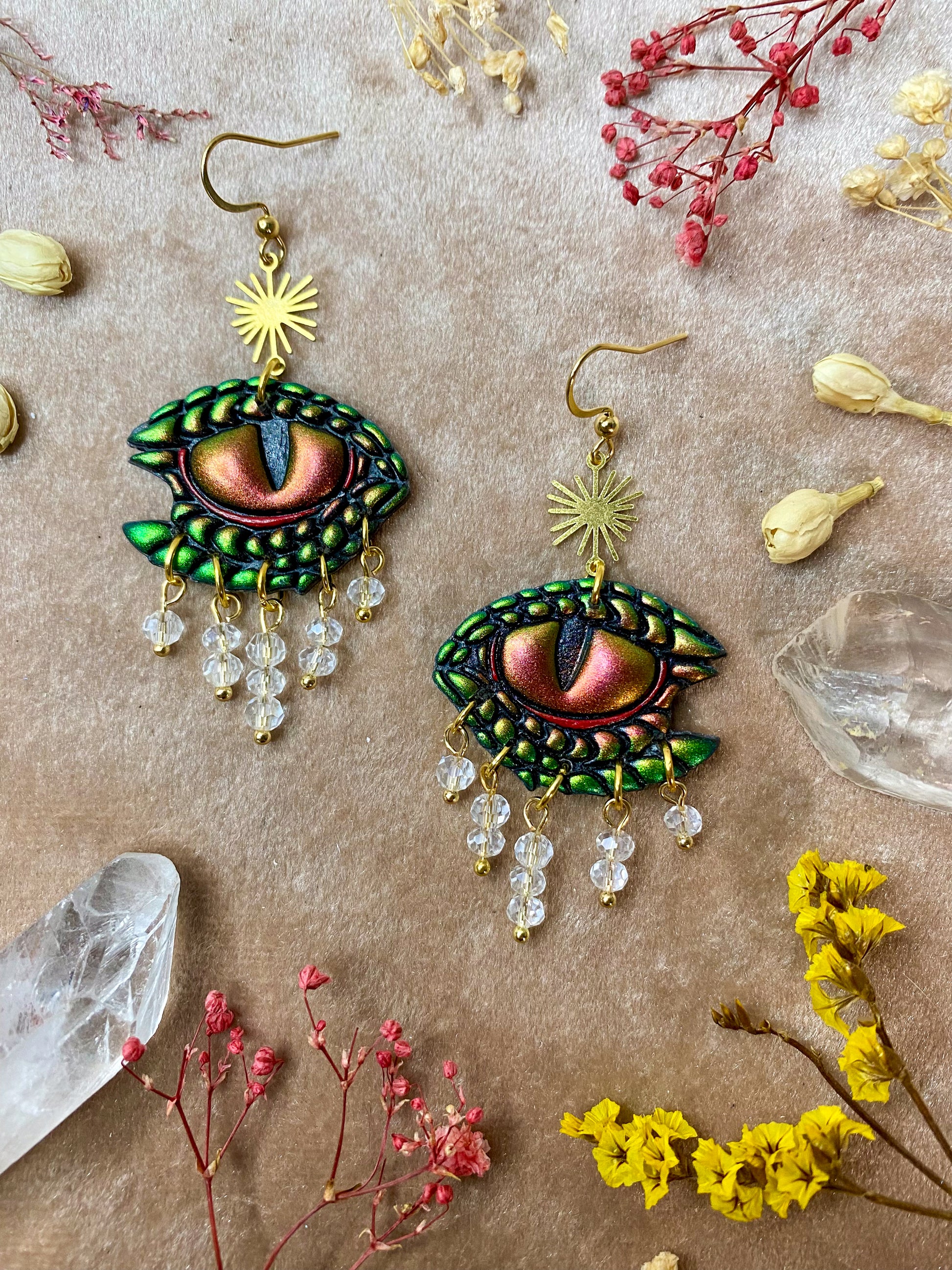 green gold and copper dragon eye tears polymer clay fantasy dangle earrings