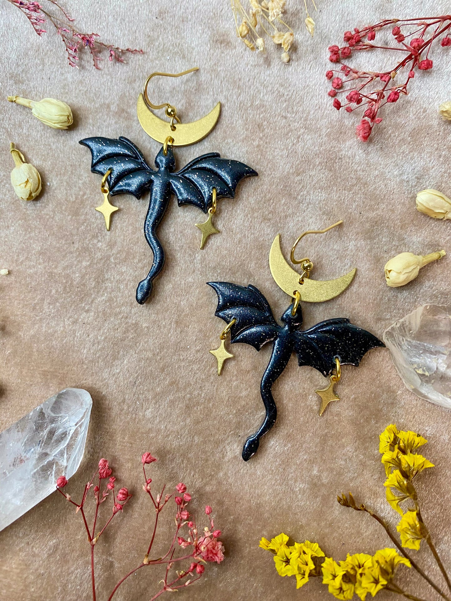 Dragon in Flight Earrings - Black Sparkle