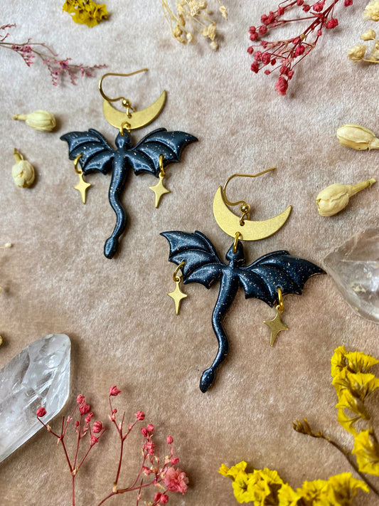 black sparkle dragon in flight polymer clay fantasy dangle earringst