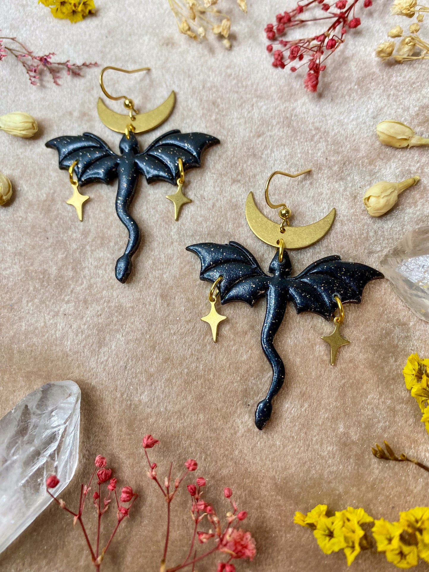 Dragon in Flight Earrings - Black Sparkle