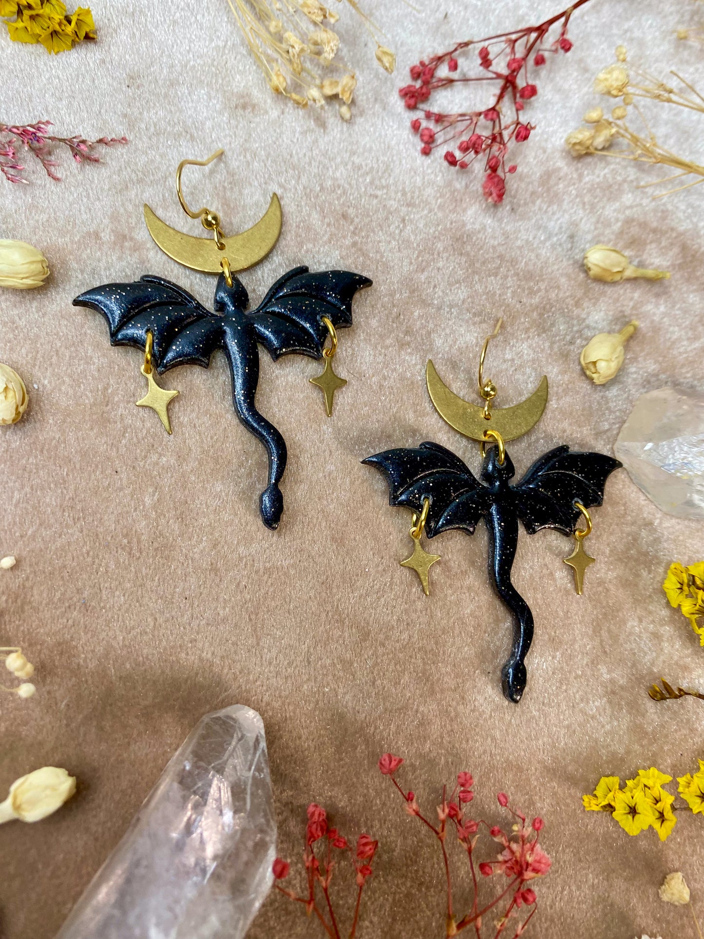 Dragon in Flight Earrings - Black Sparkle