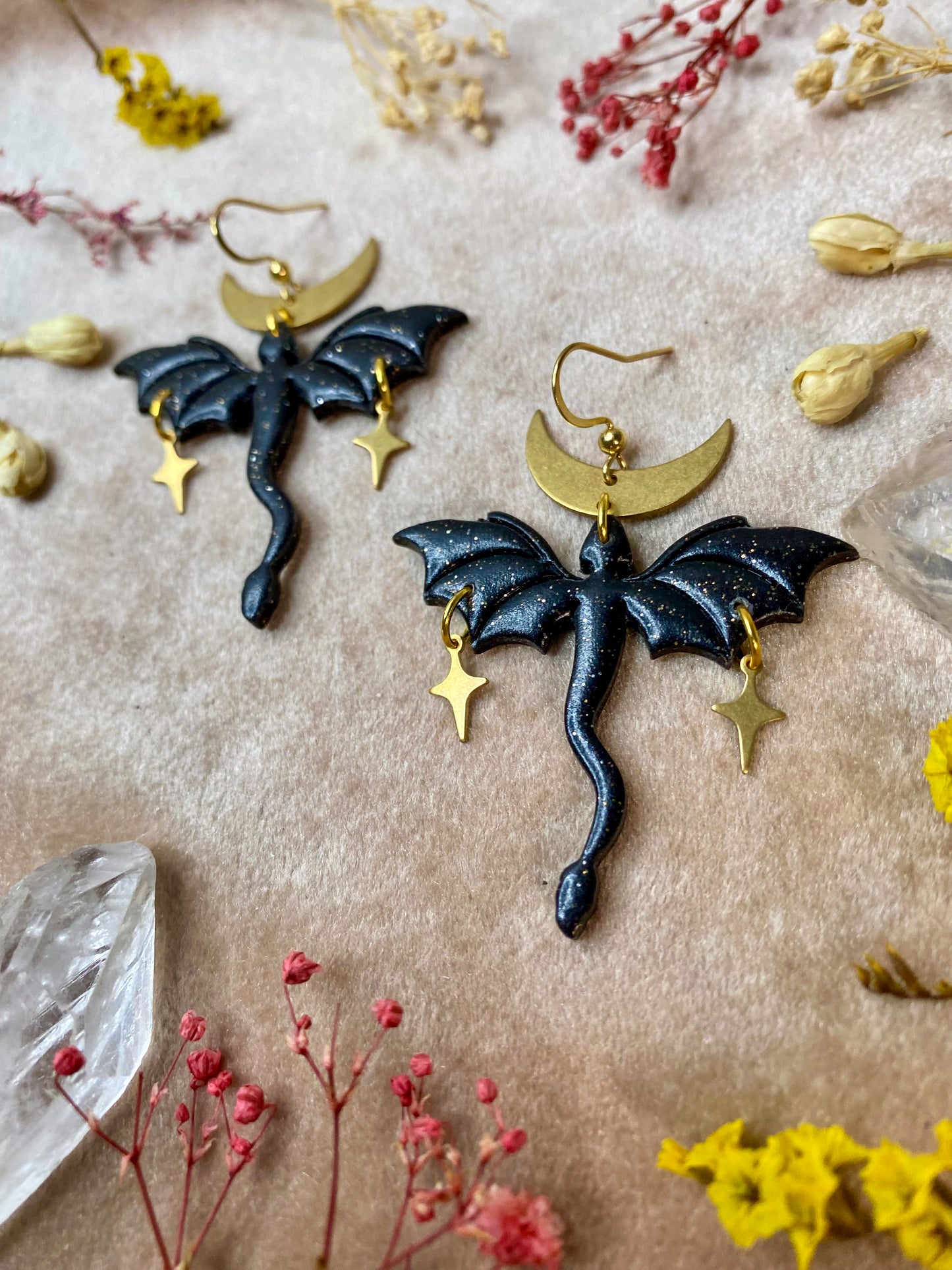 Dragon in Flight Earrings - Black Sparkle