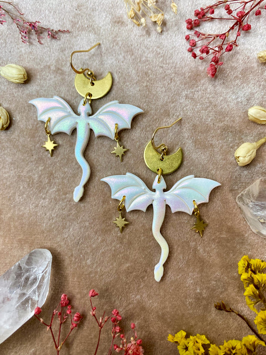 Dragon in Flight Earrings - Iridescent White