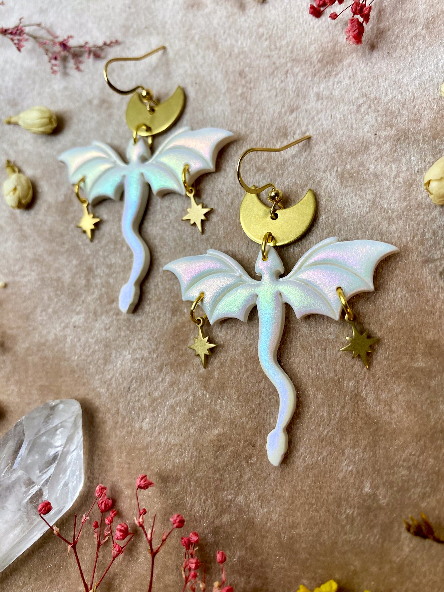 Dragon in Flight Earrings - Iridescent White