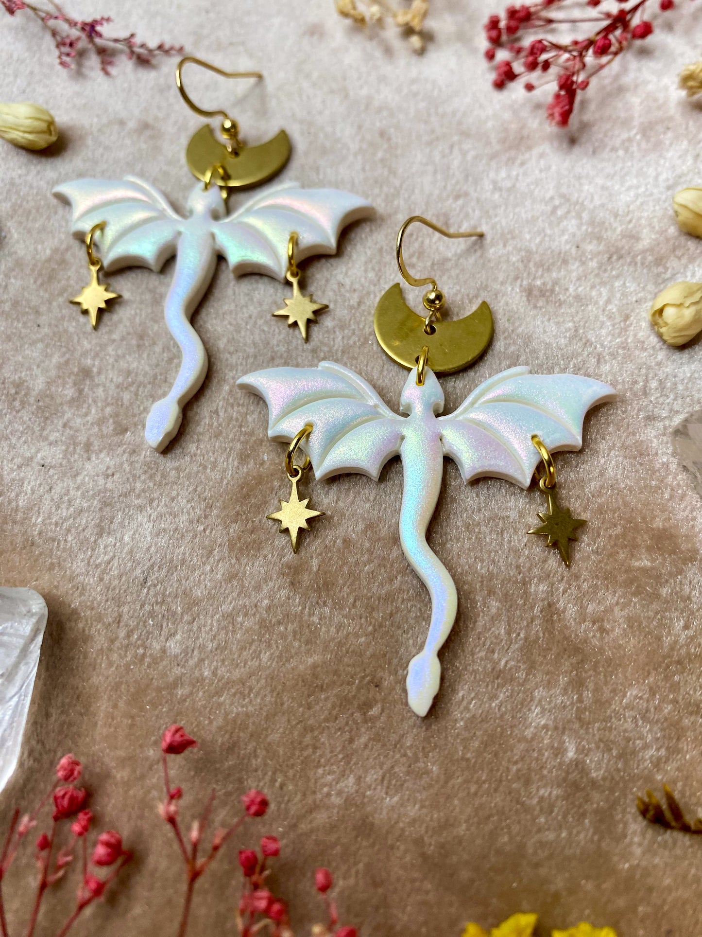 Dragon in Flight Earrings - Iridescent White