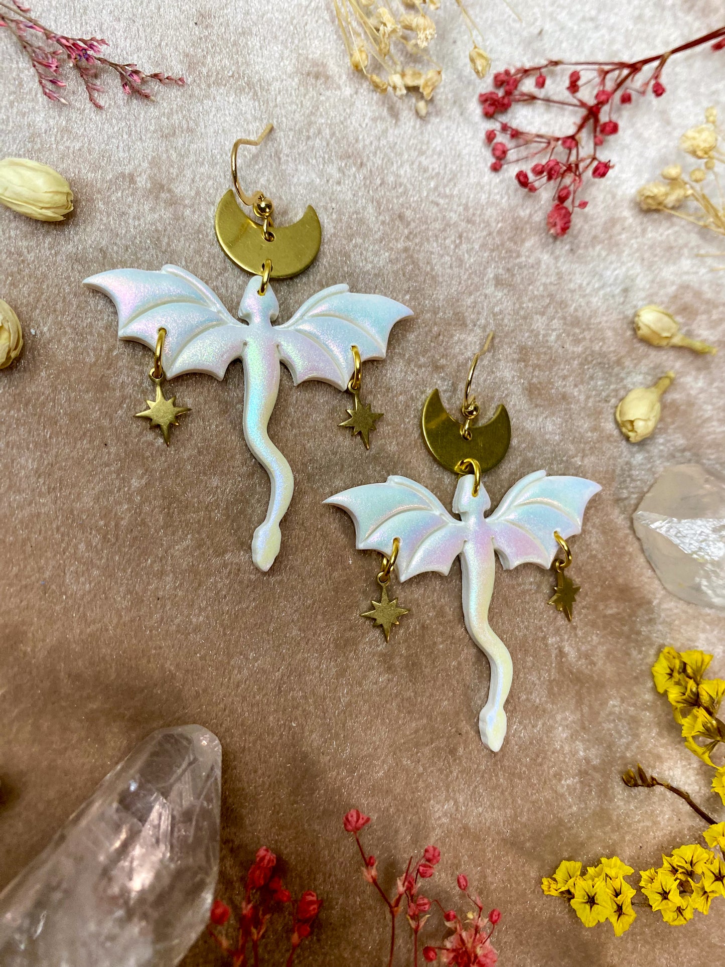 Dragon in Flight Earrings - Iridescent White