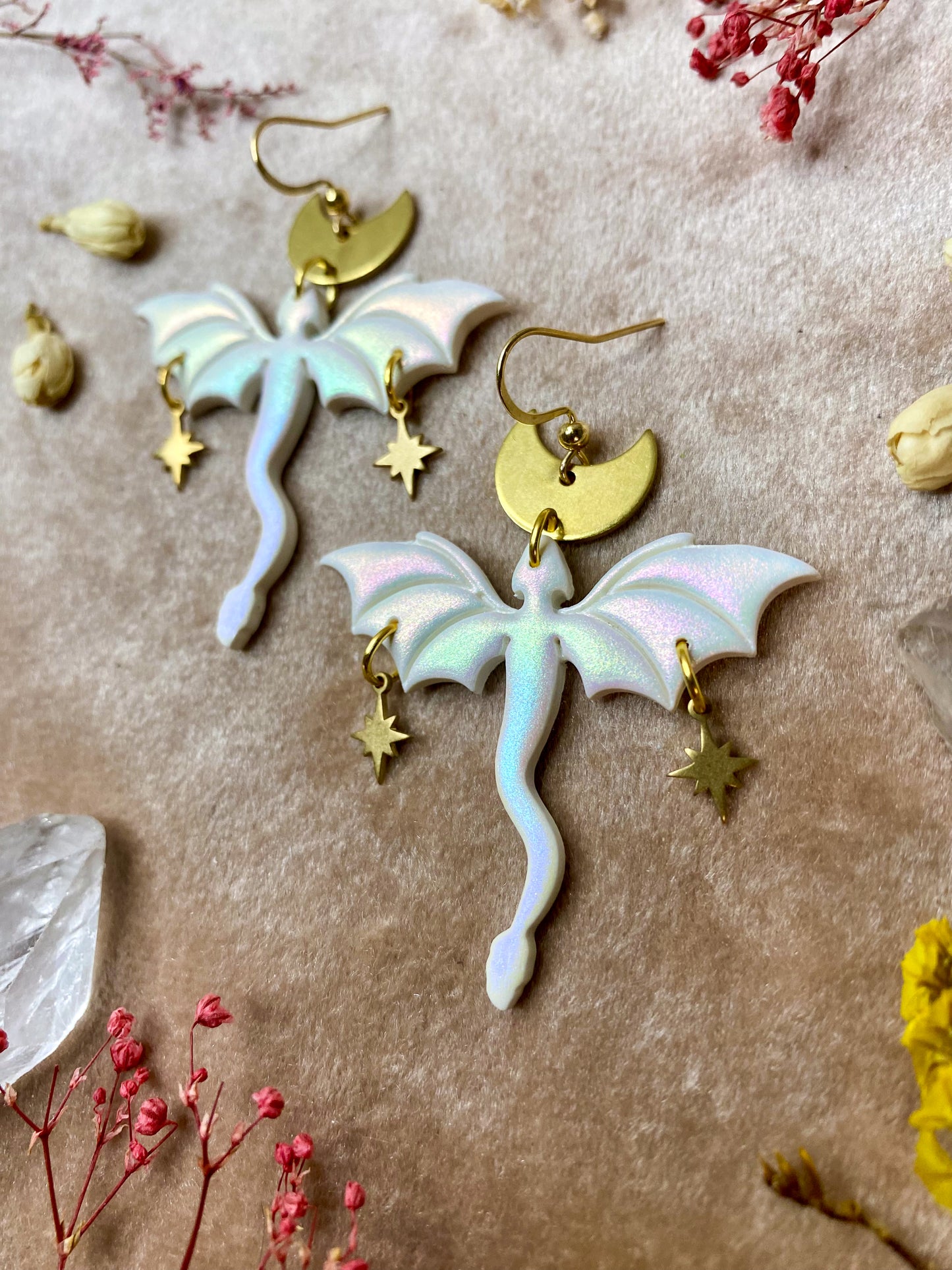 Dragon in Flight Earrings - Iridescent White