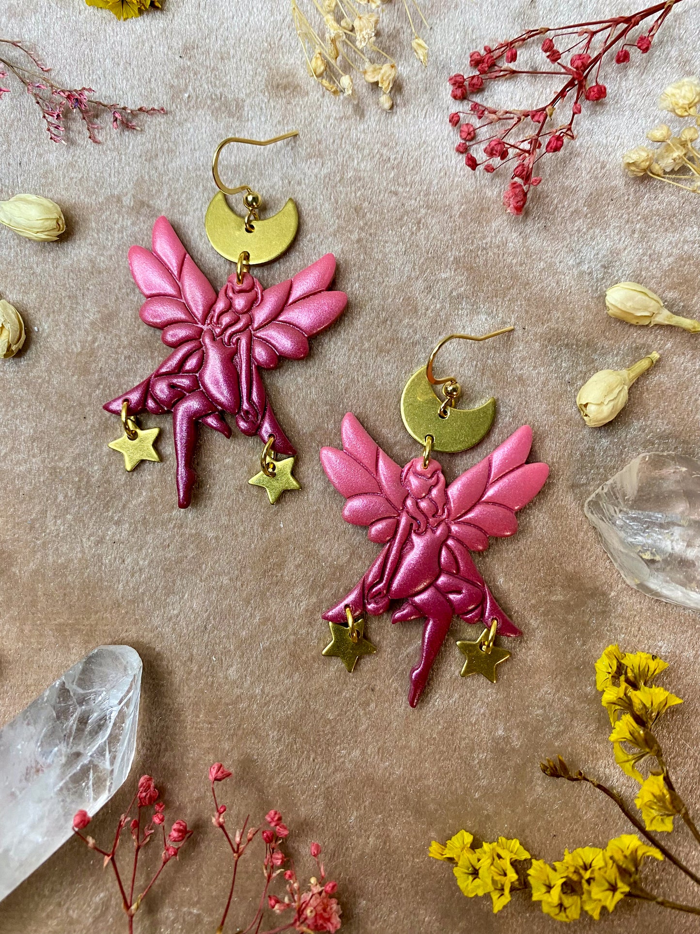 red and pink sitting fairy with moon and stars polymer clay fantasy dangle earrings