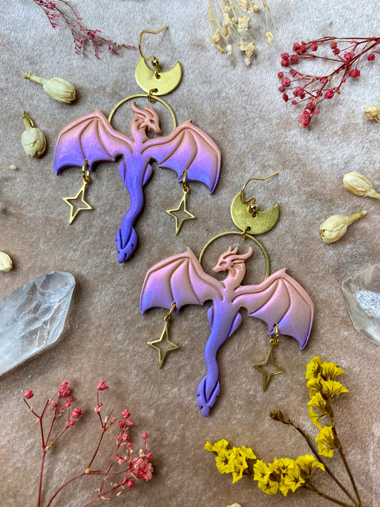 purple and peach mbre dragon in flight polymer clay fantasy dangle earrings