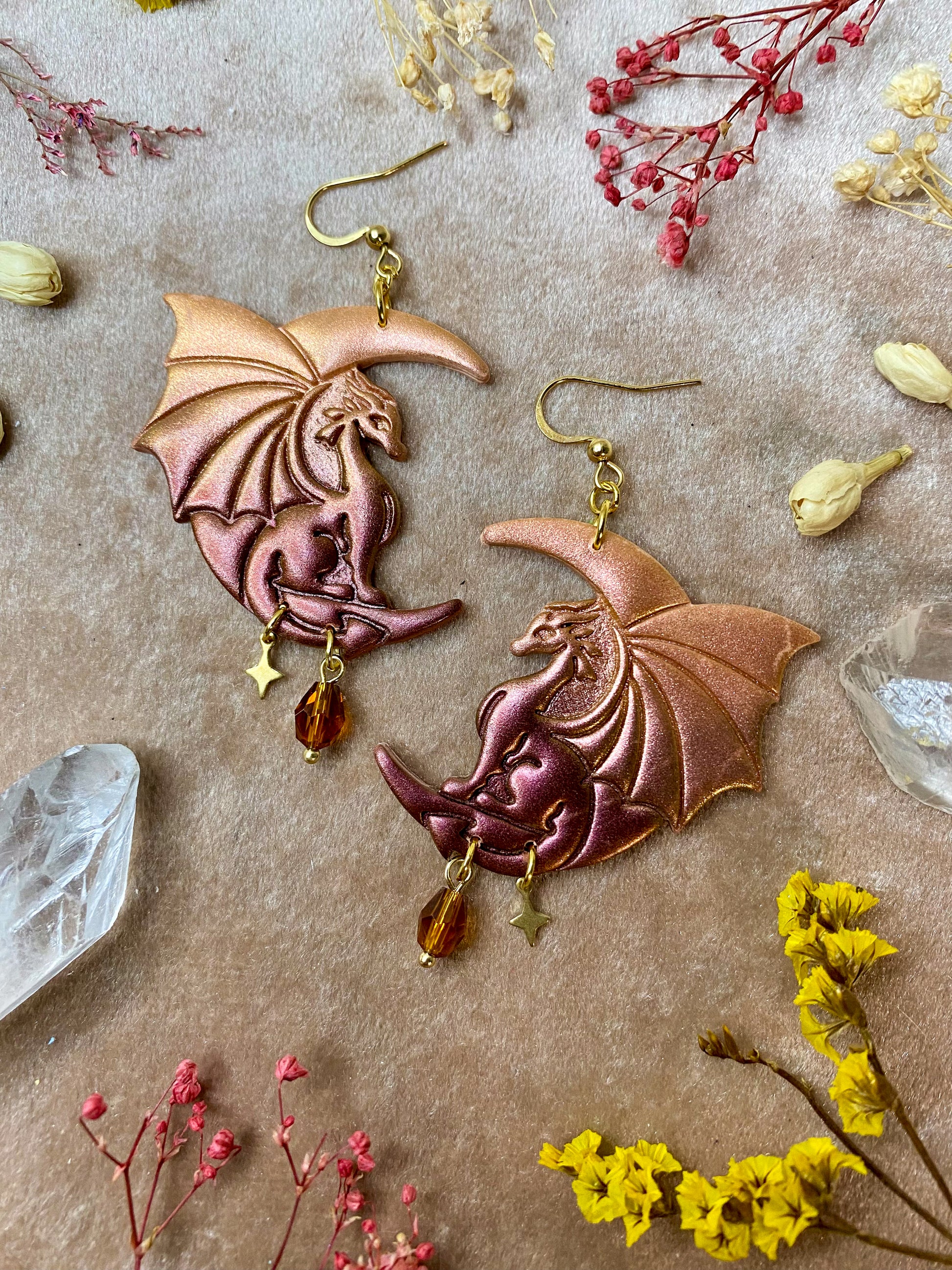 golden moon dragon sitting polymer clay fantasy dangle earrings