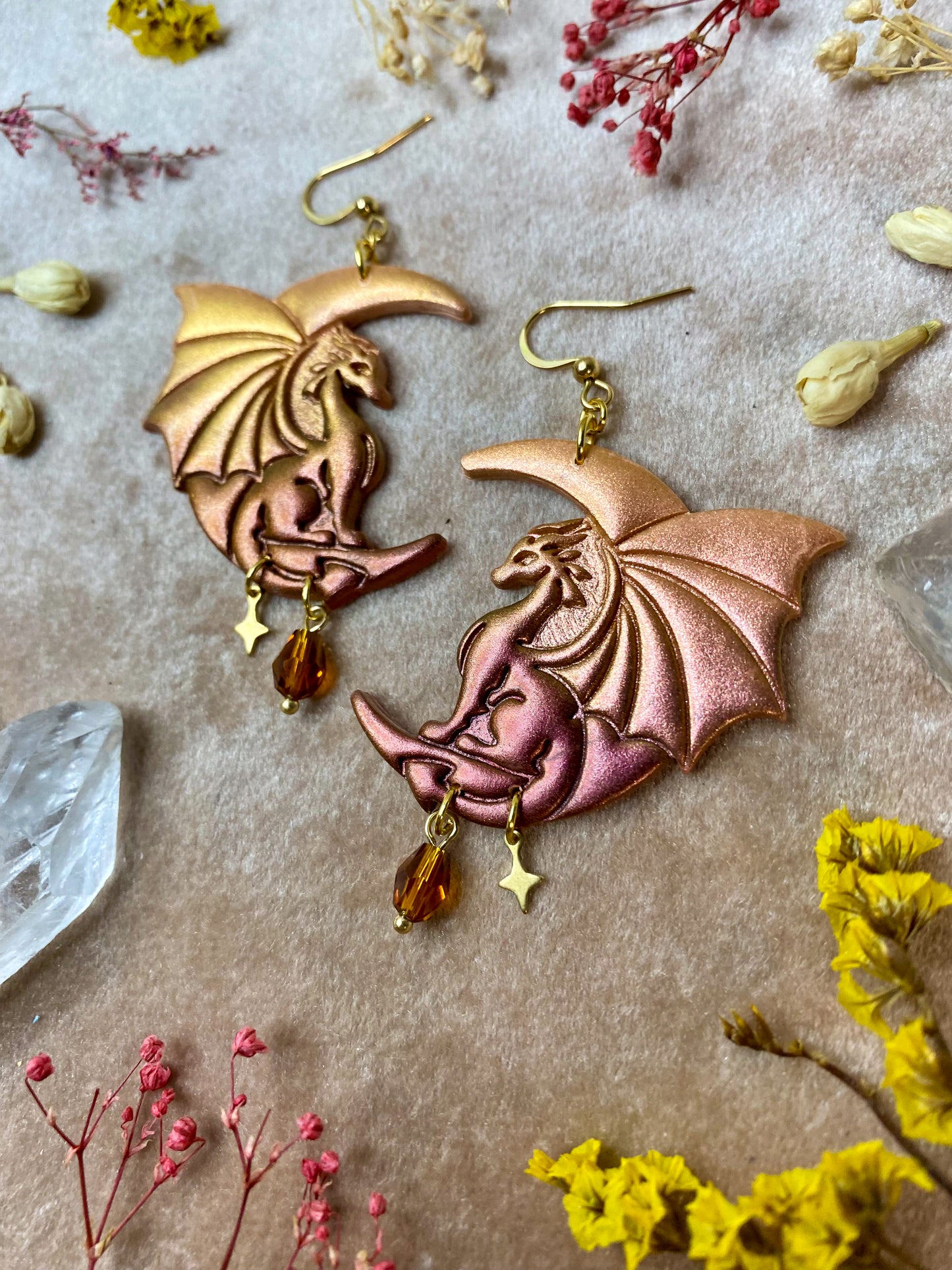 Golden Moon Dragon Earrings