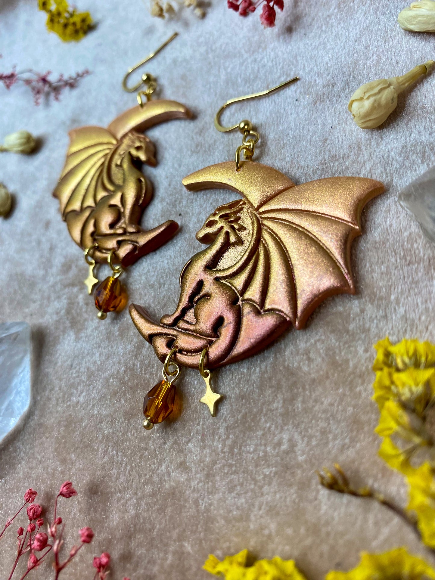 Golden Moon Dragon Earrings