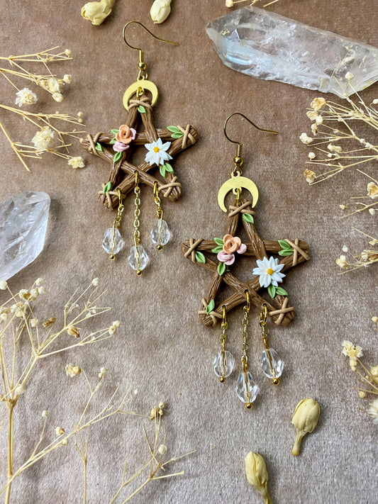 Floral Wood Pentacle Earrings