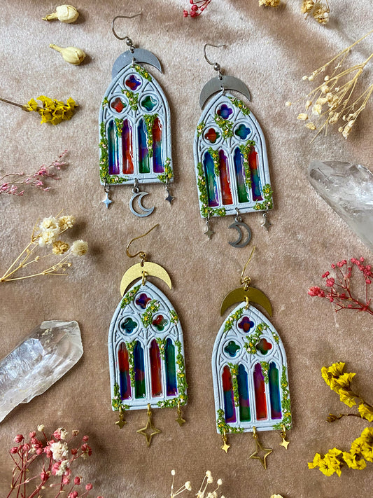 multicolor gothic window stained glass polymer clay fantasy dangle earrings