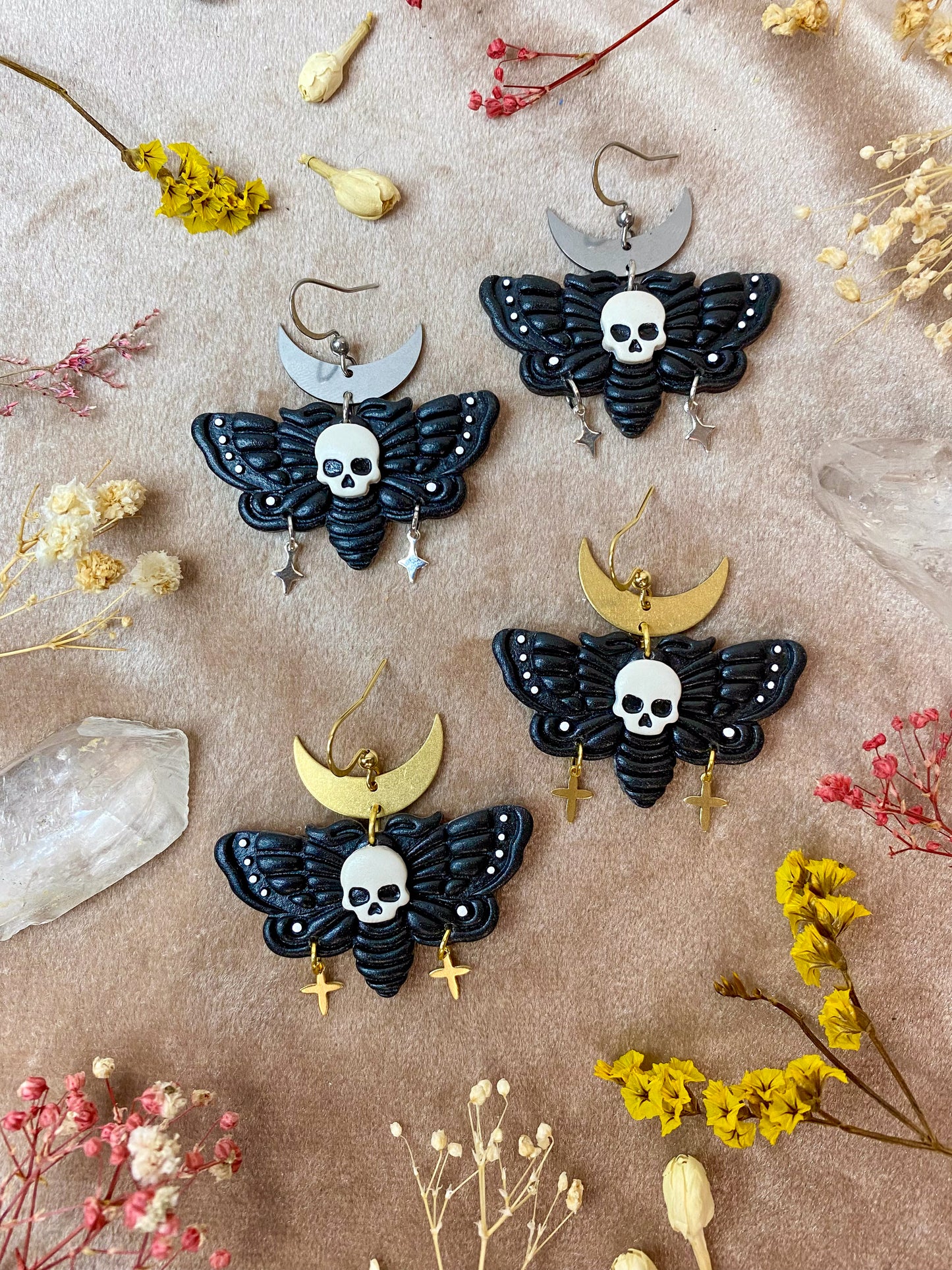 polymer clay death moth dangle earrings