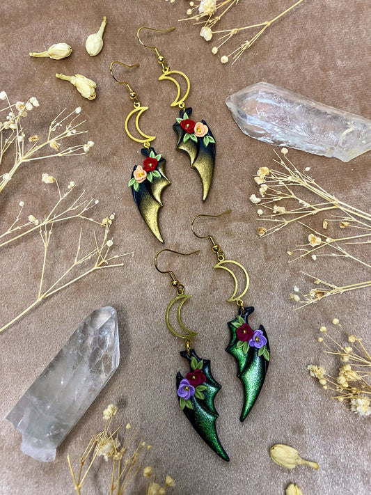 polymer clay floral dragon wing dangle fantasy earrings