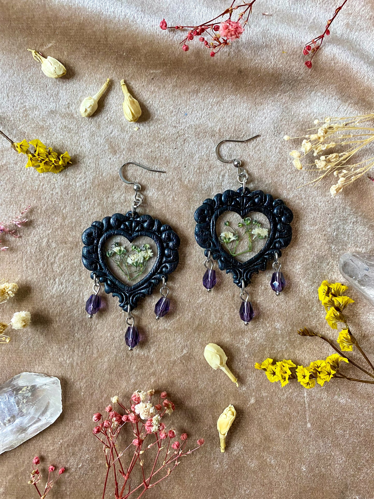 Black Heart Floral Frame Earrings