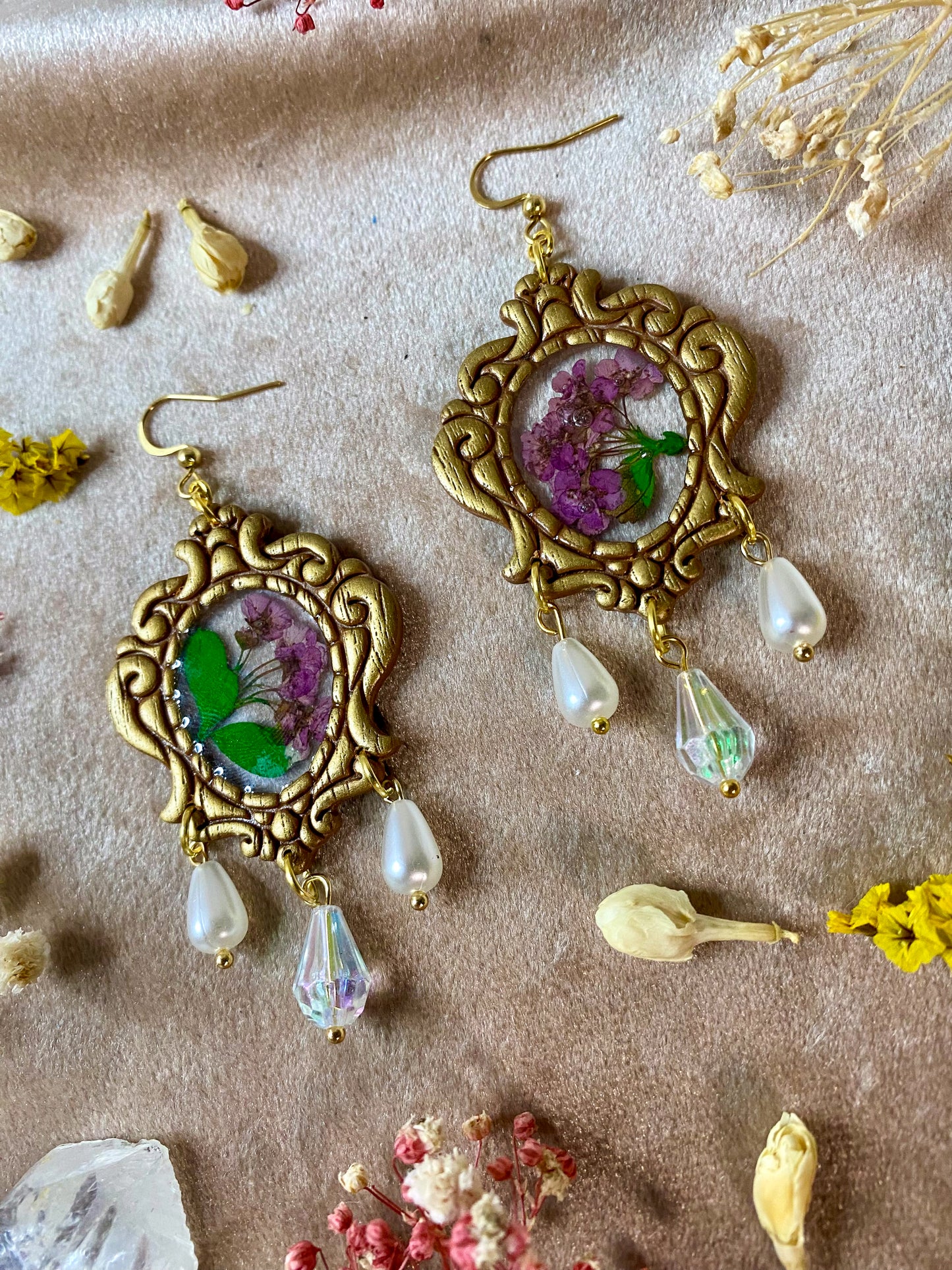 Purple Floral Fancy Frame Earrings