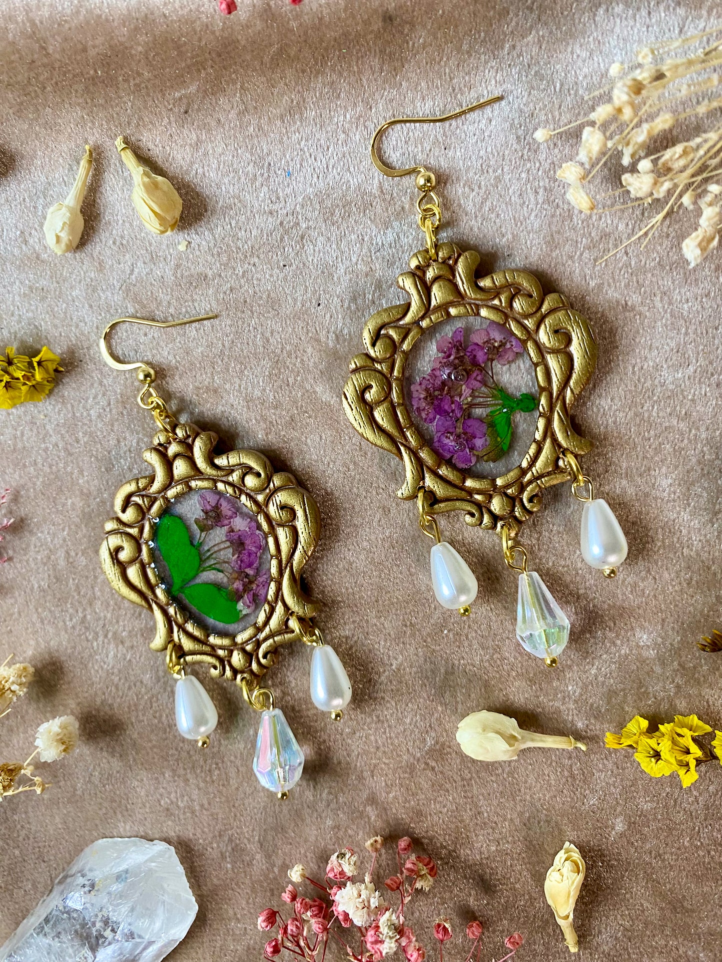 Purple Floral Fancy Frame Earrings