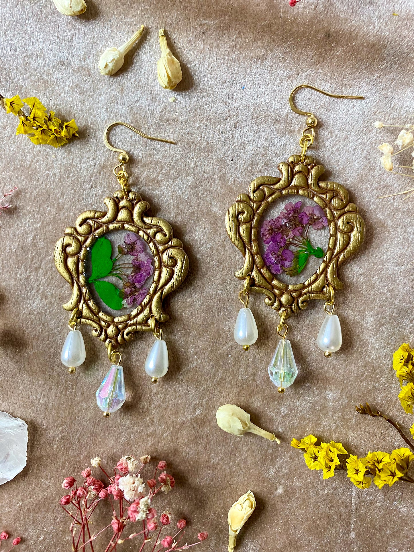 Purple Floral Fancy Frame Earrings