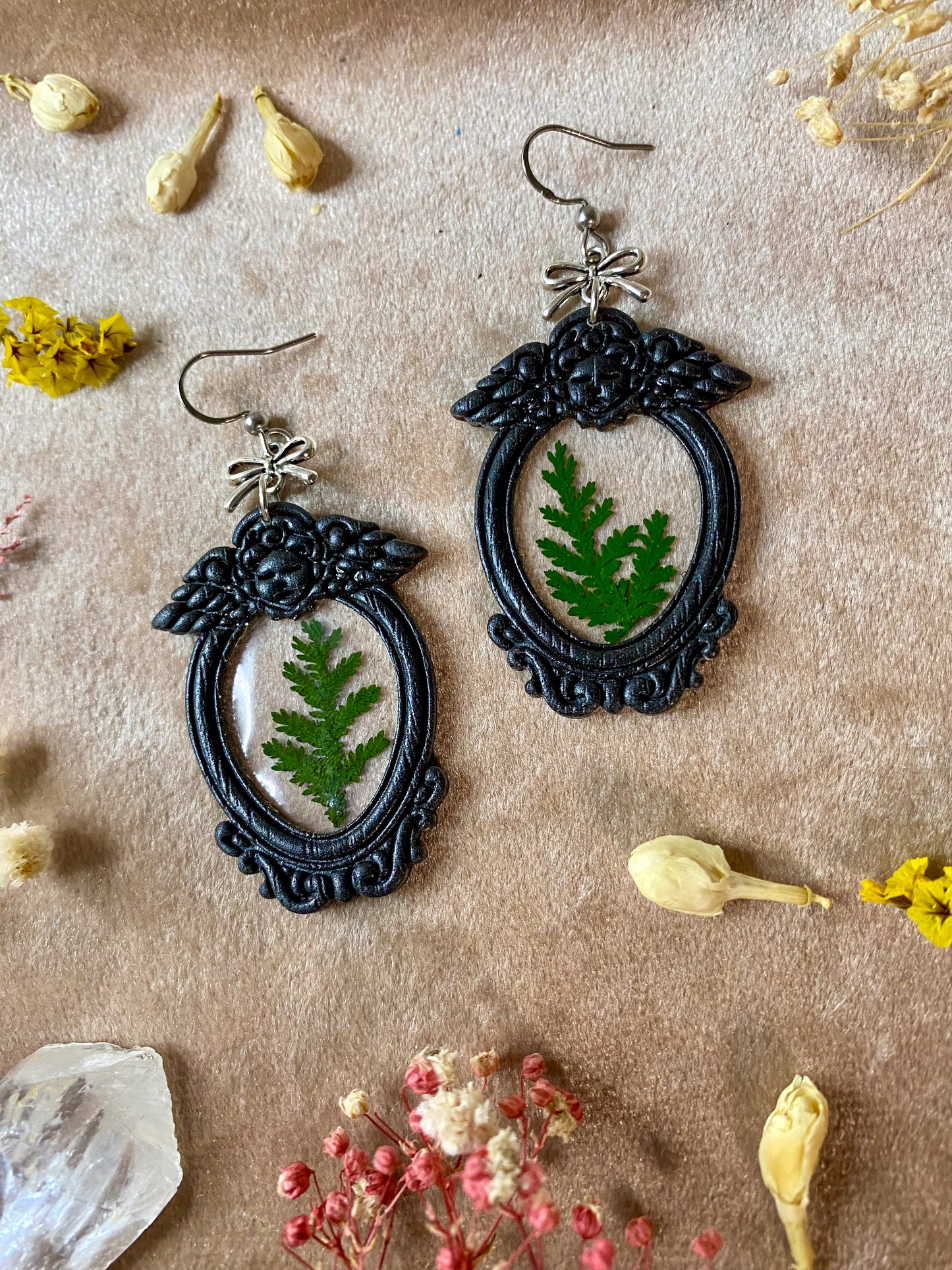 Black Angel Floral Frame Earrings