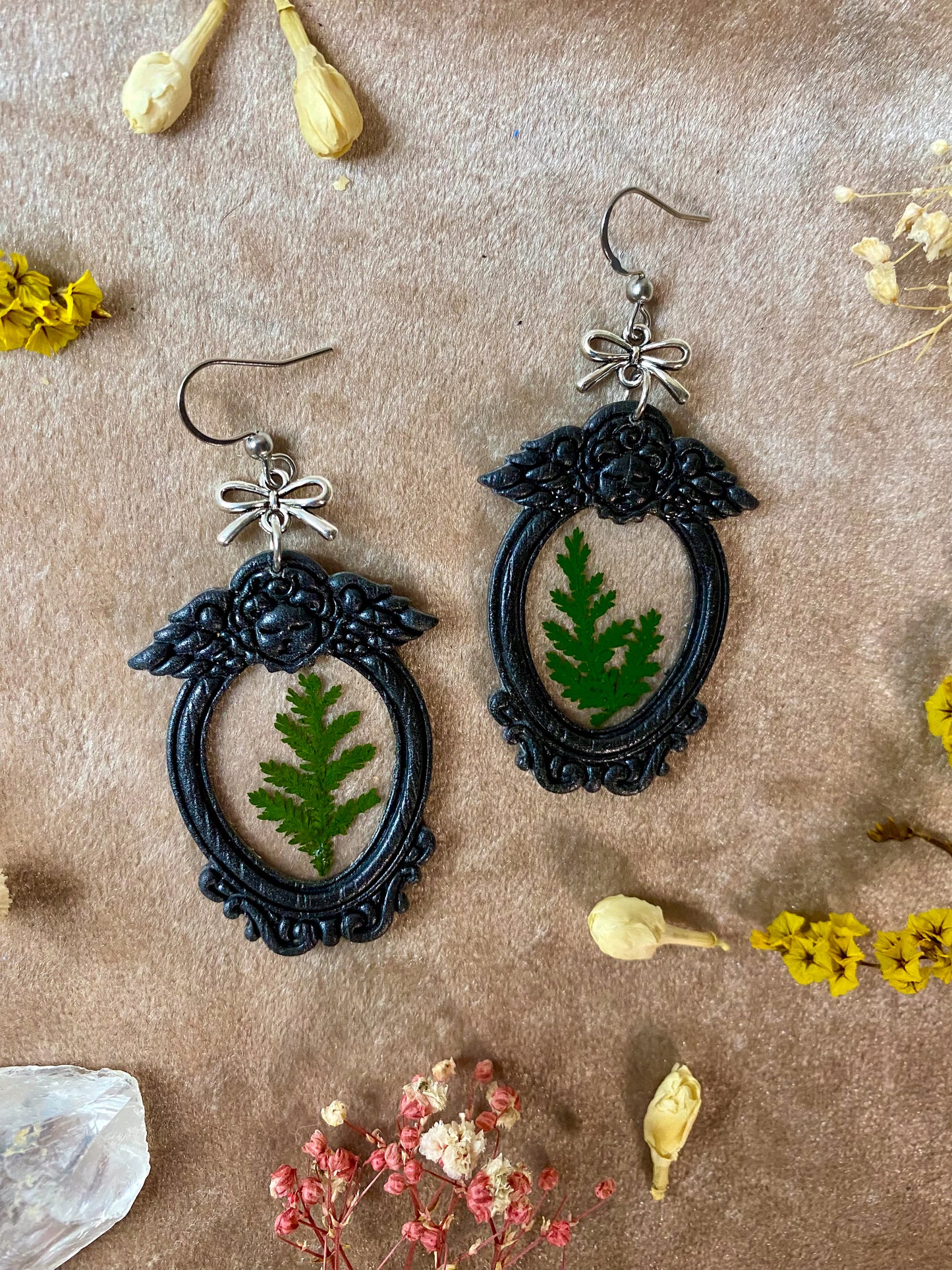 Black Angel Floral Frame Earrings