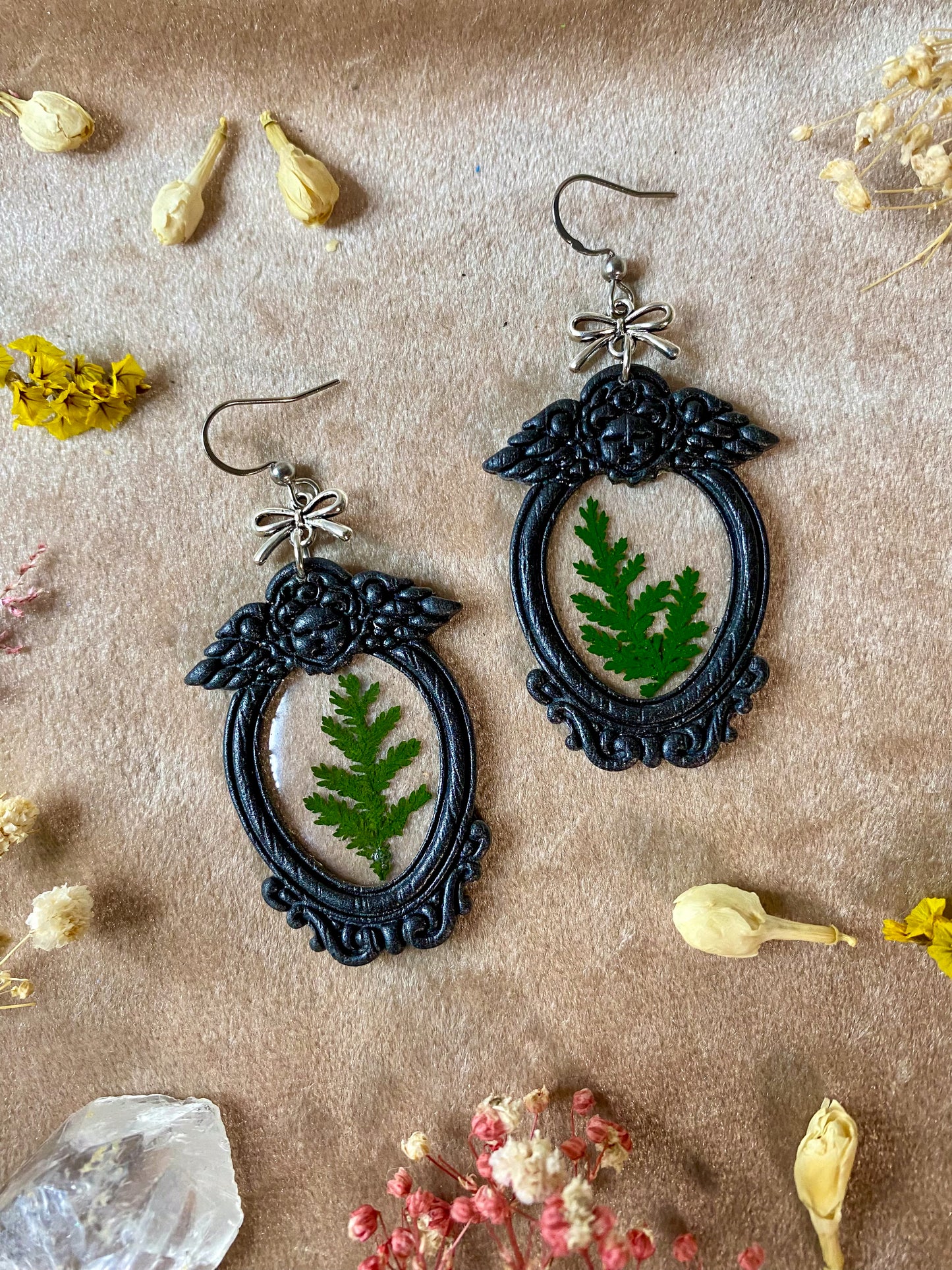 Black Angel Floral Frame Earrings