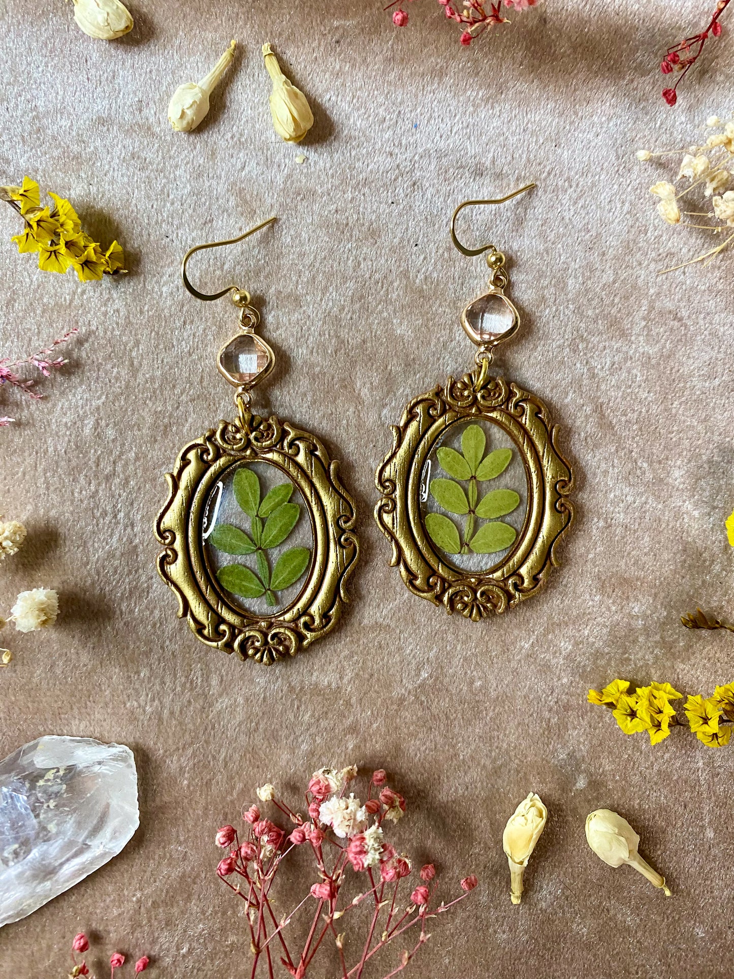 ornate fern polymer clay and resin dangle earrings