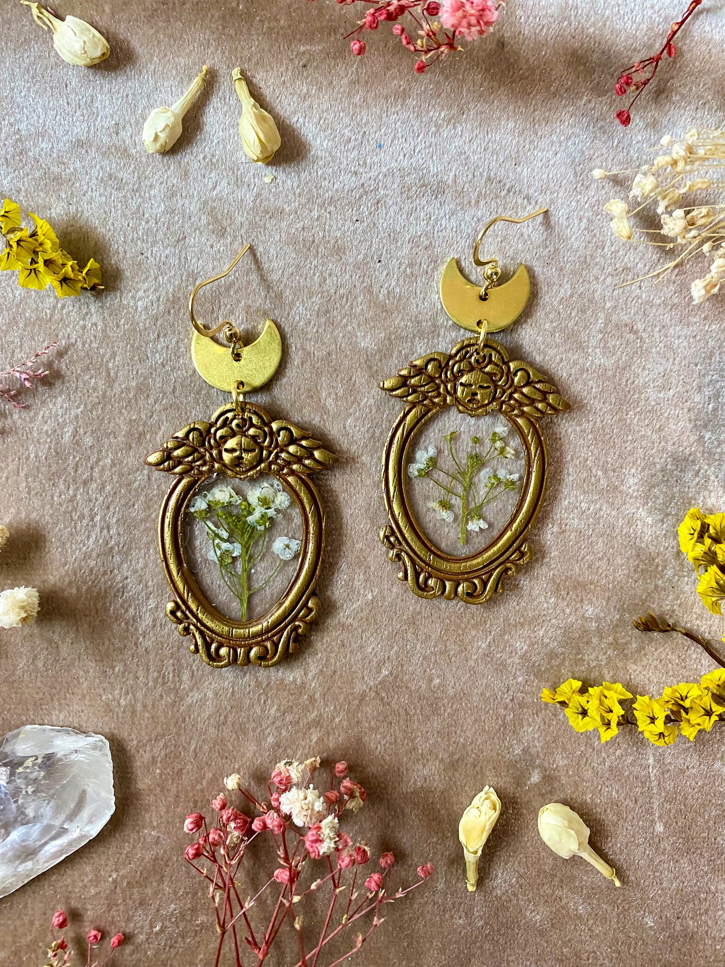 Golden Angel Floral Frame Earrings