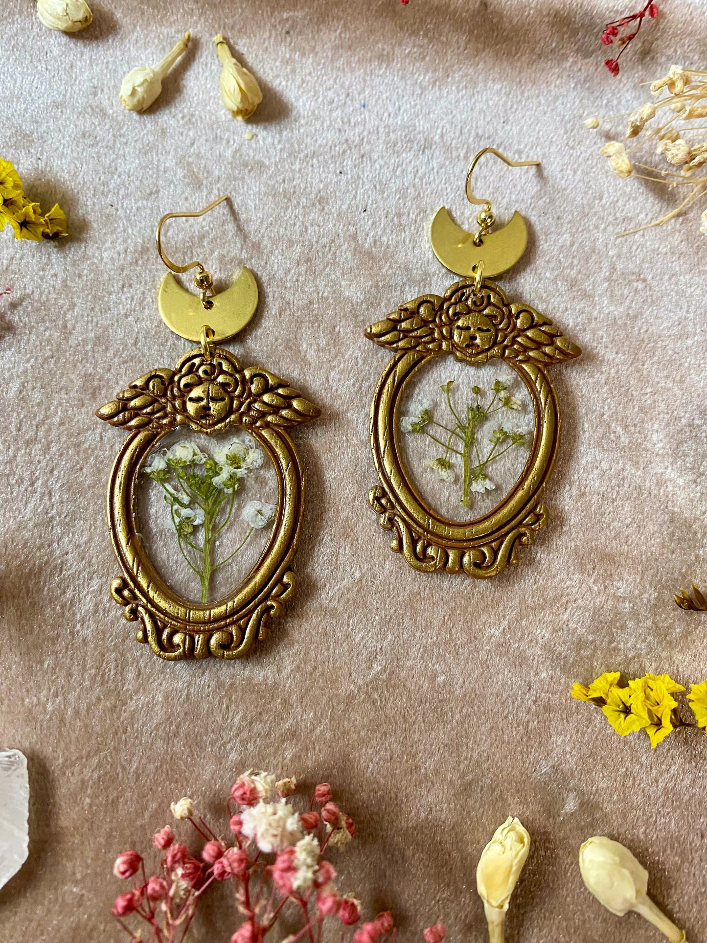 Golden Angel Floral Frame Earrings