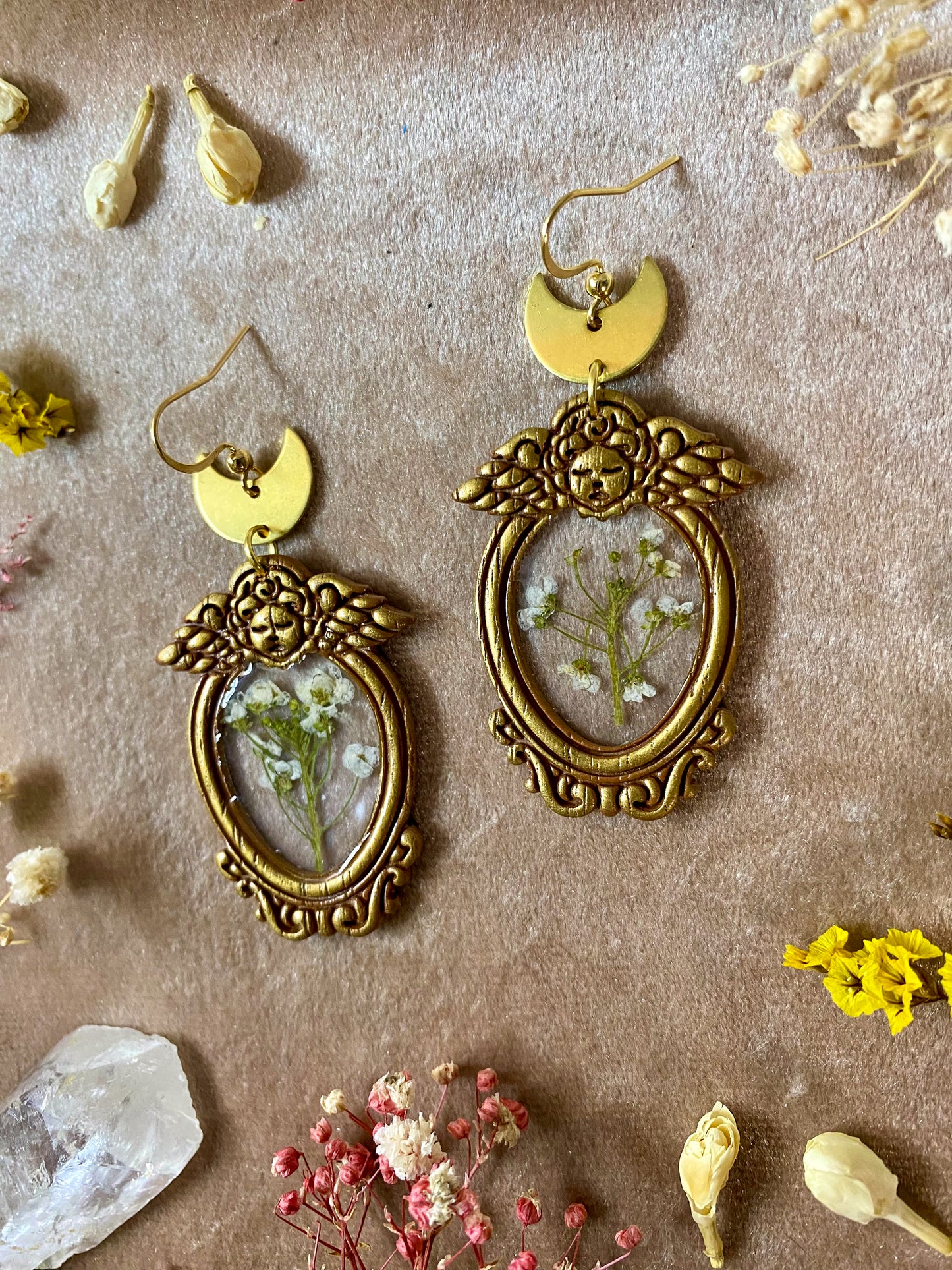 Golden Angel Floral Frame Earrings