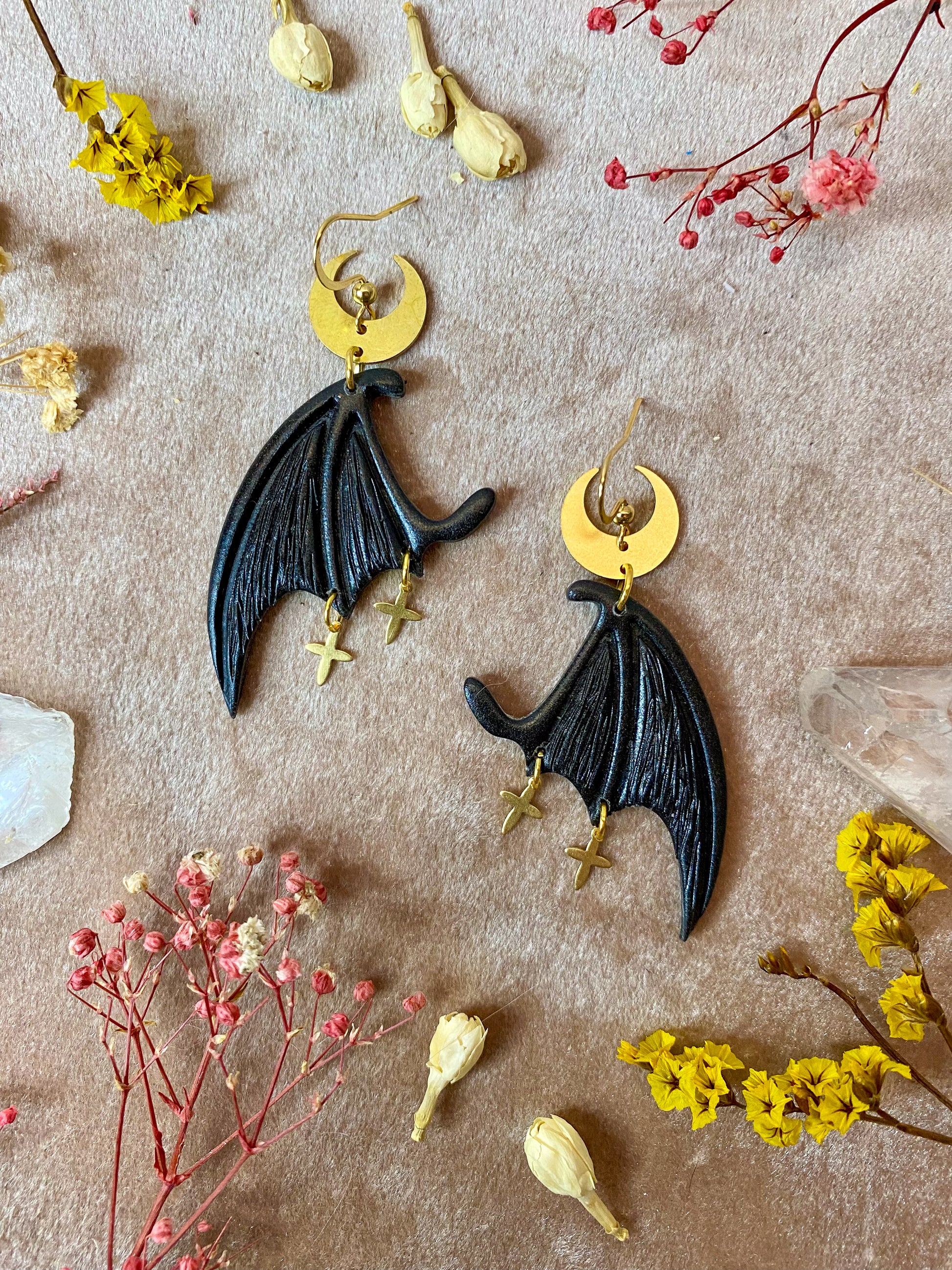 black dragon wing with crosses polymer clay fantasy dangle earrings