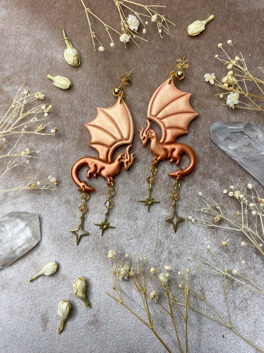 polymer clay copper fire dragon fantasy dangle earrings