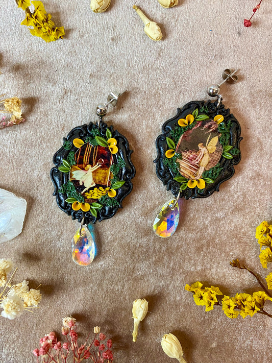 Yellow Butterfly Fairy Fine Art Frame Earrings