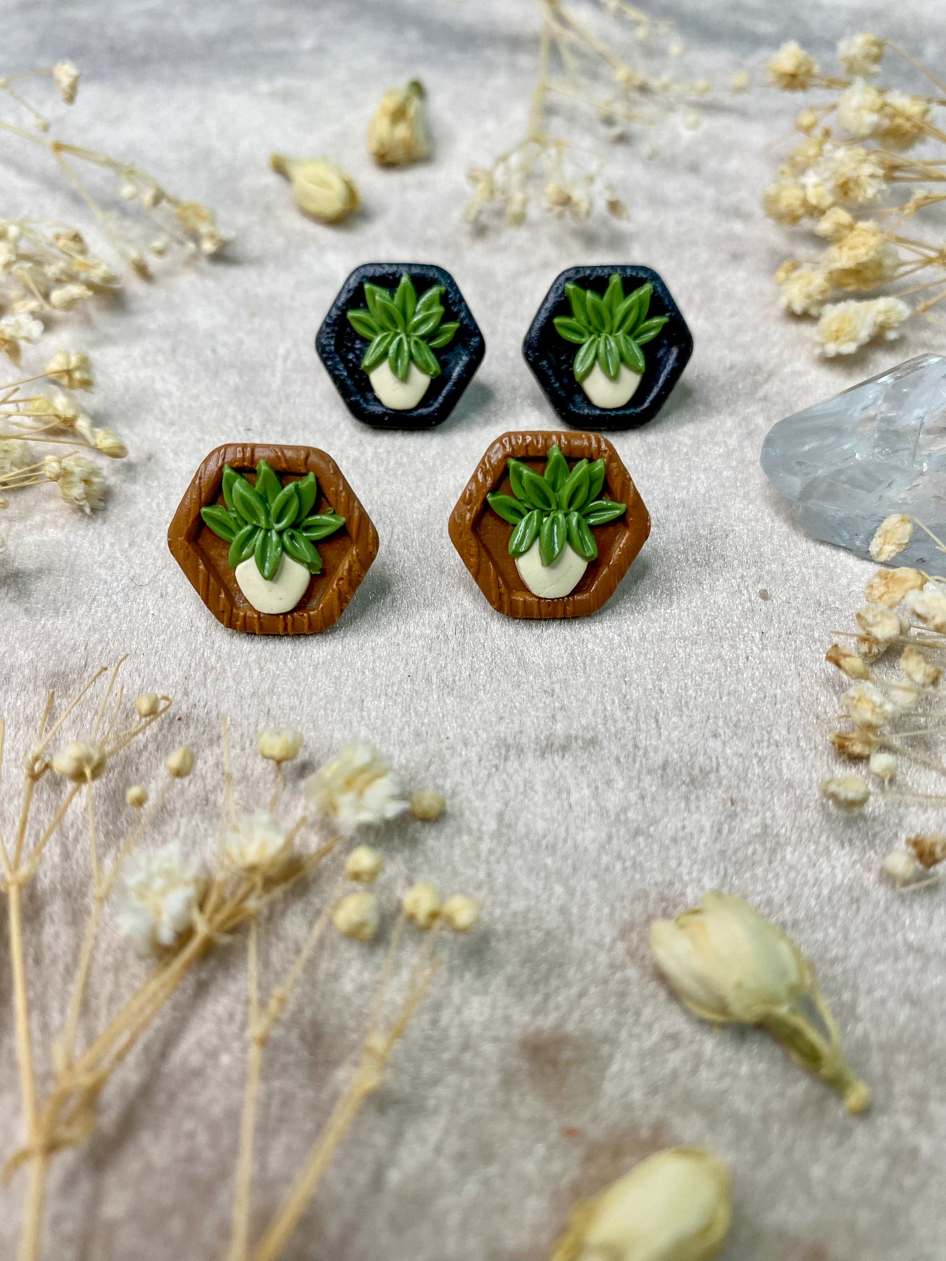 polymer clay potted plant hexagon stud earrings