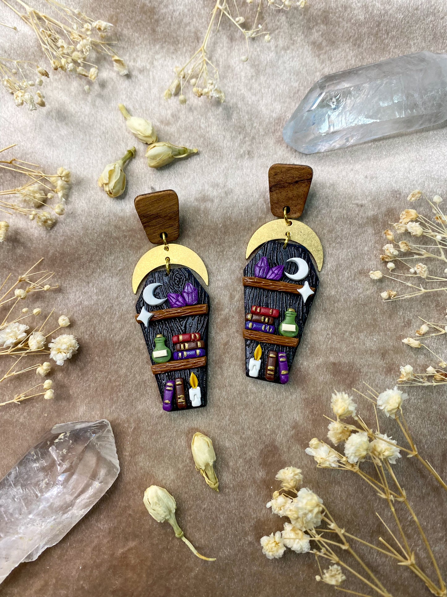 polymer clay coffin bookcase dangle earrings