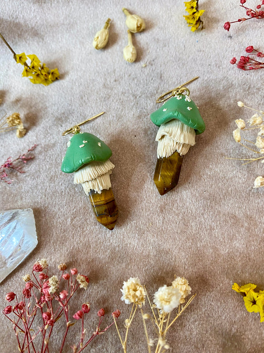 Tiger's Eye Crystal Mushroom Earrings