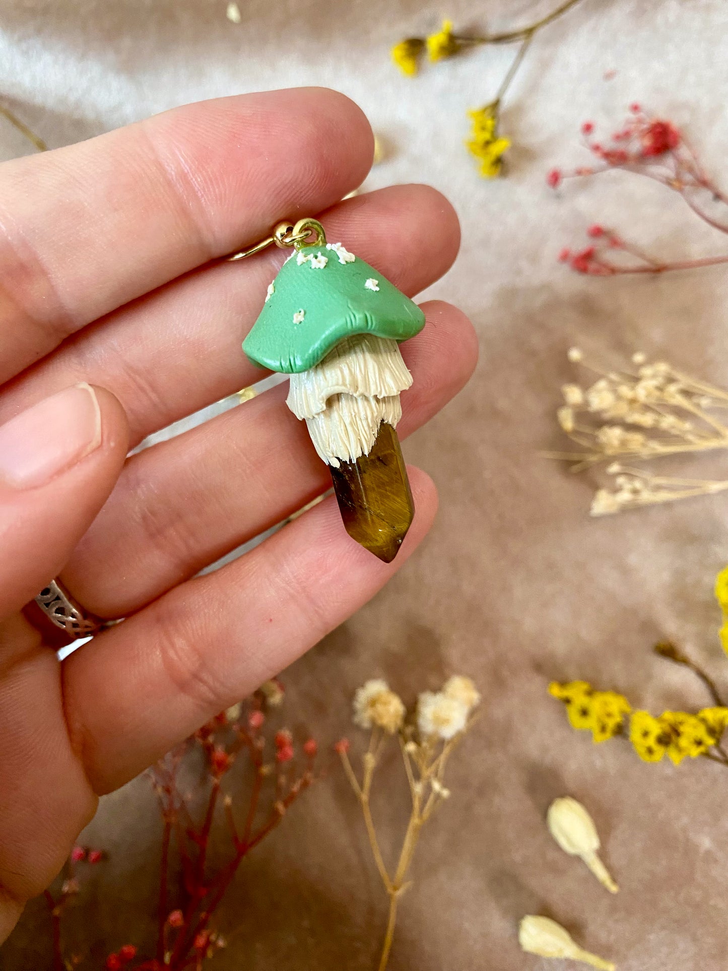 Tiger's Eye Crystal Mushroom Earrings