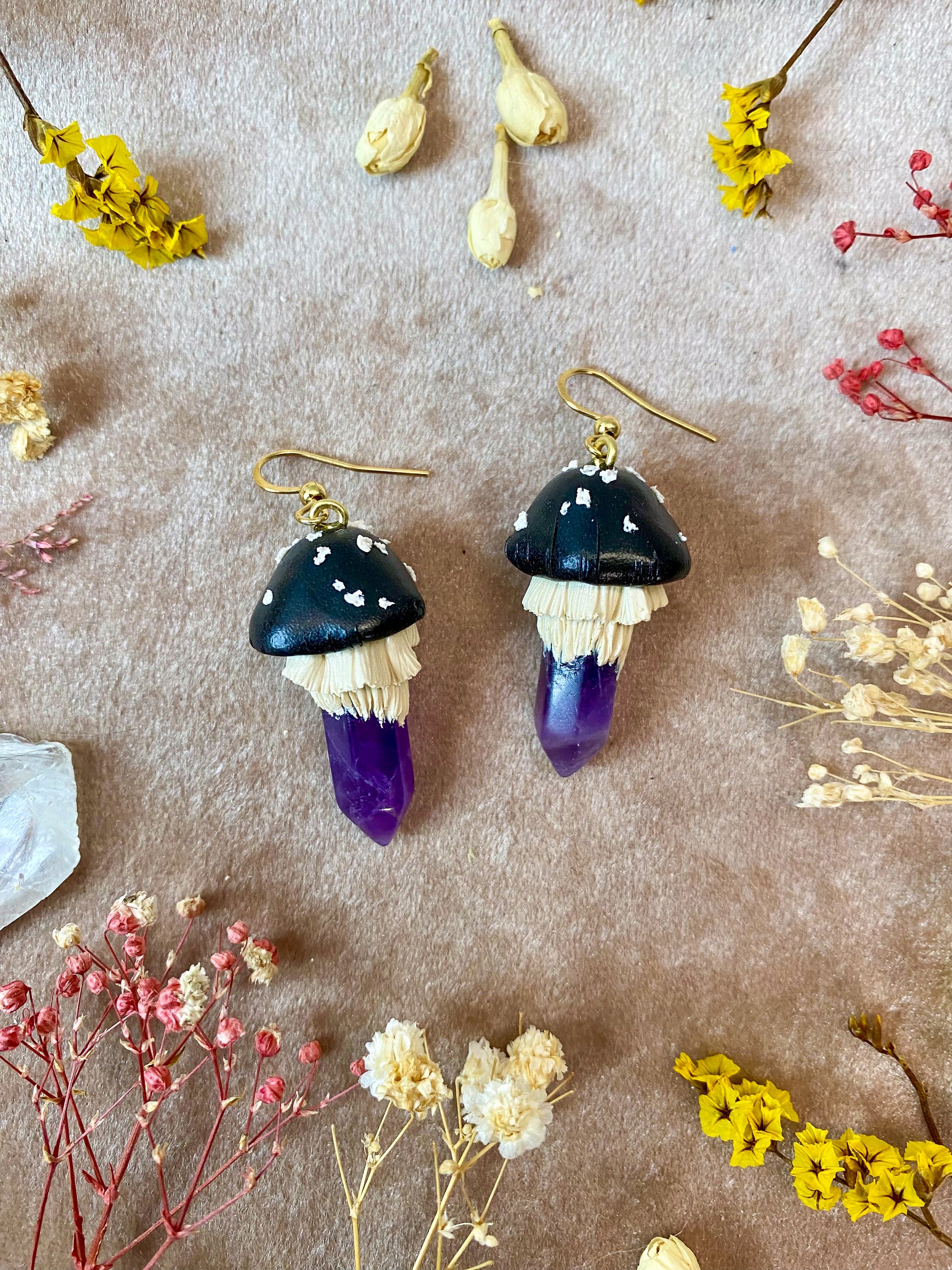 amethyst and polymer clay crystal mushroom dangle earrings