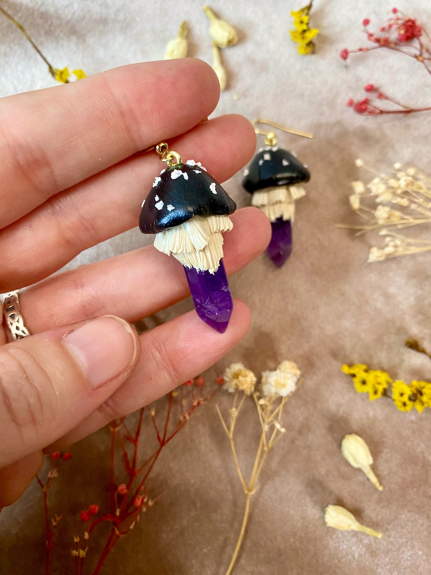 Amethyst Crystal Mushroom Earrings