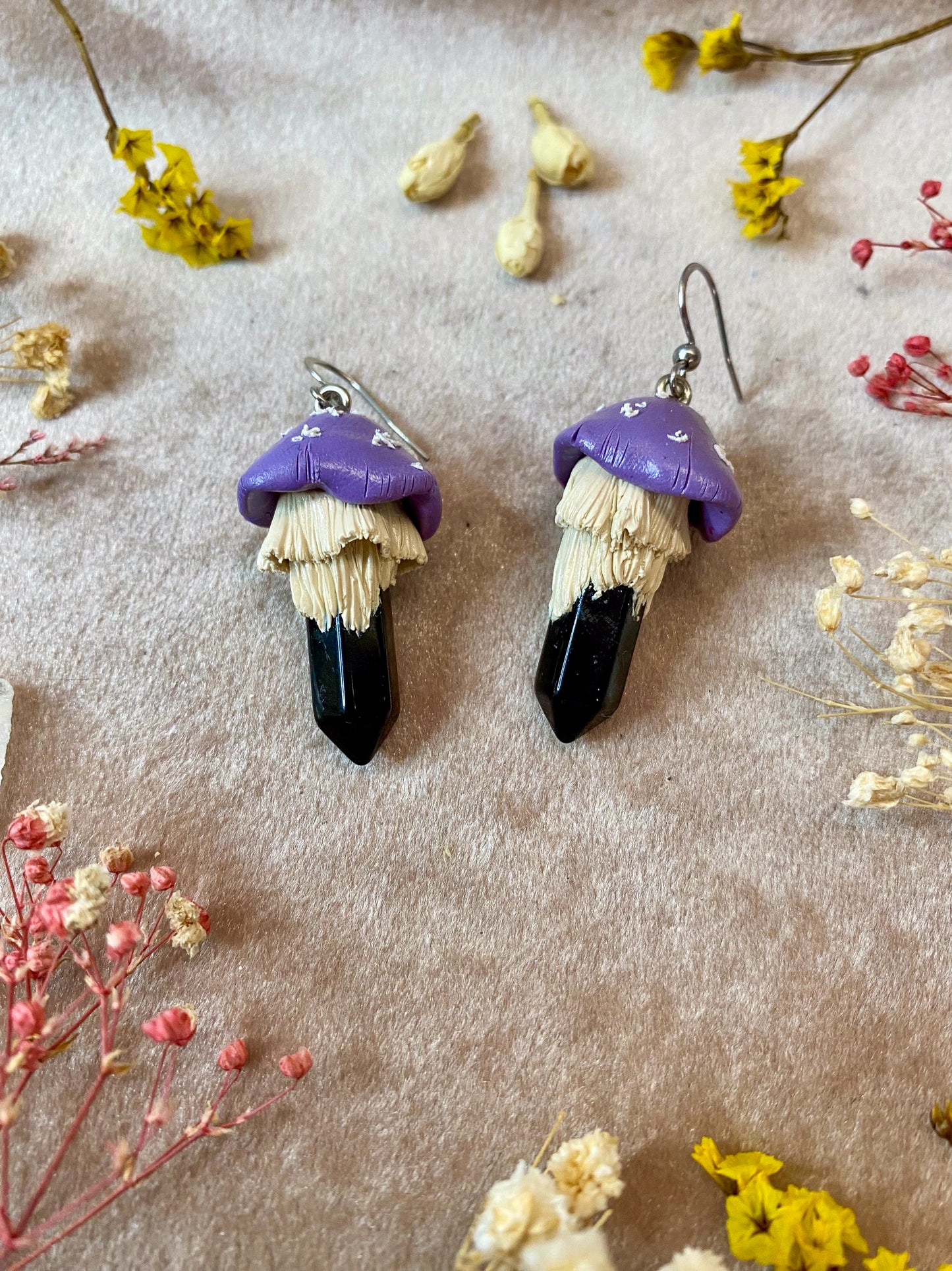 Onyx Crystal Mushroom Earrings