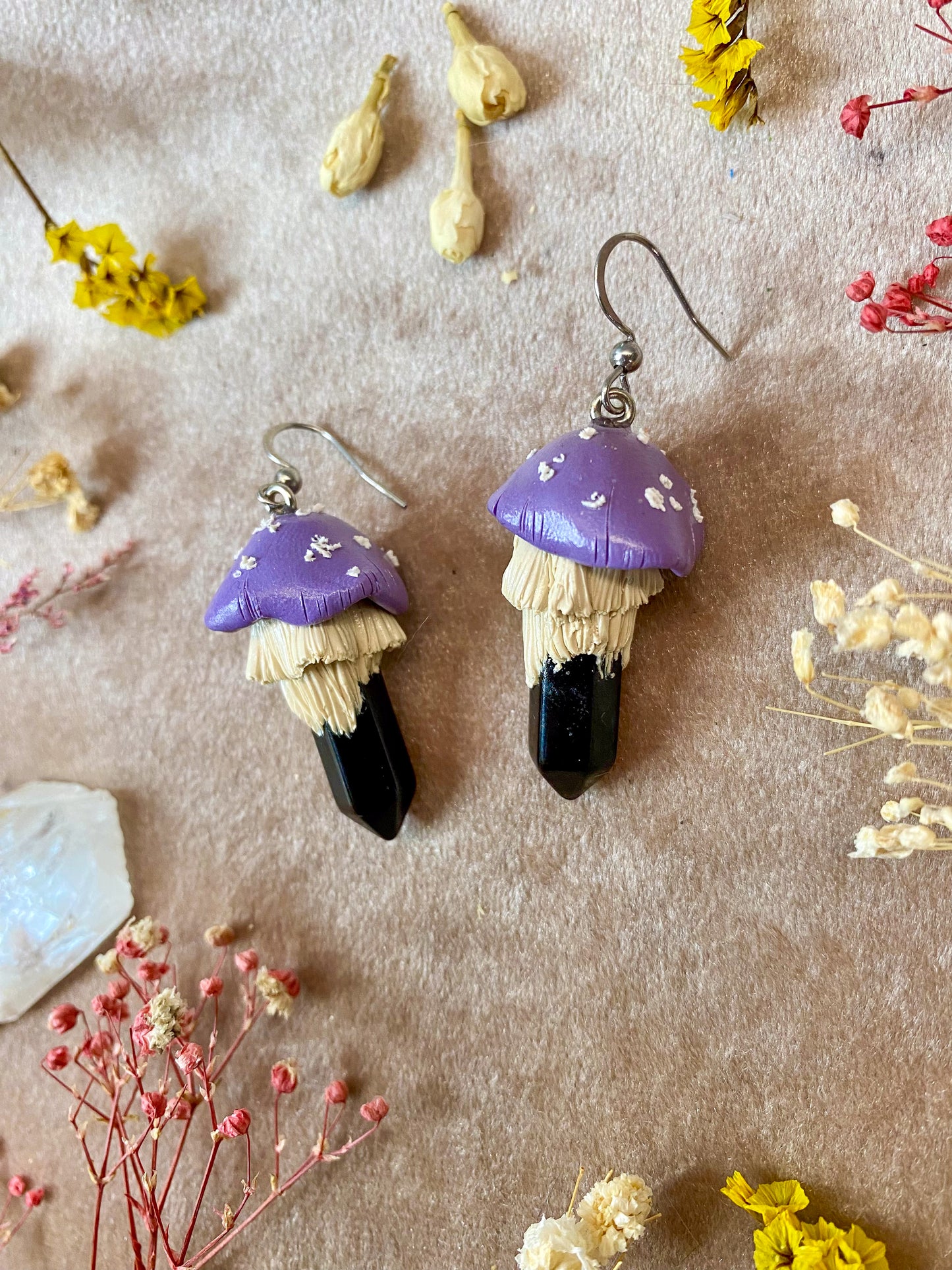 Onyx Crystal Mushroom Earrings