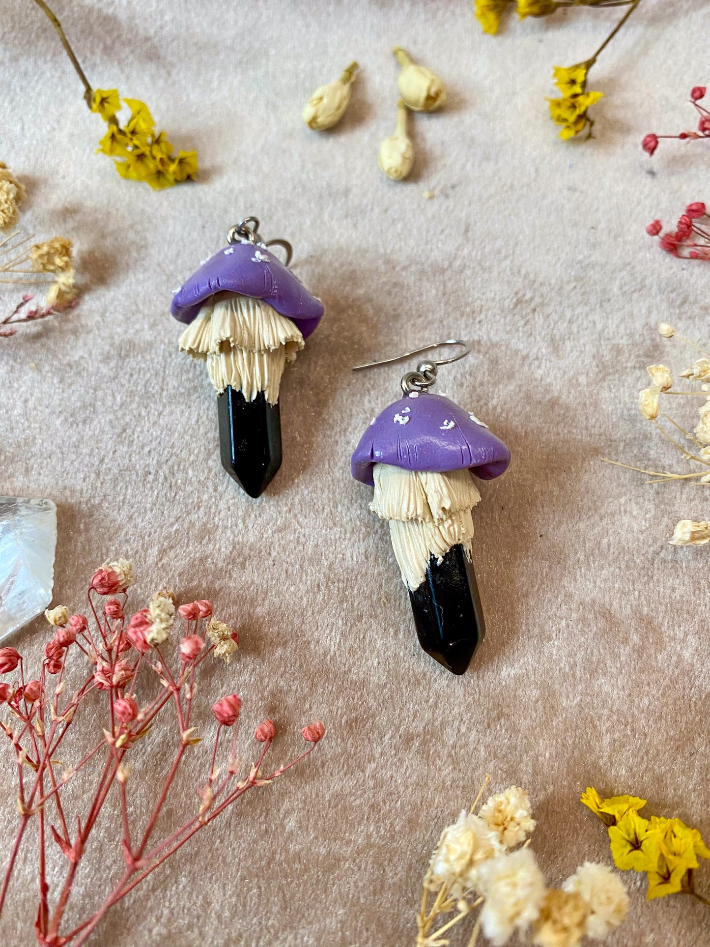 Onyx Crystal Mushroom Earrings