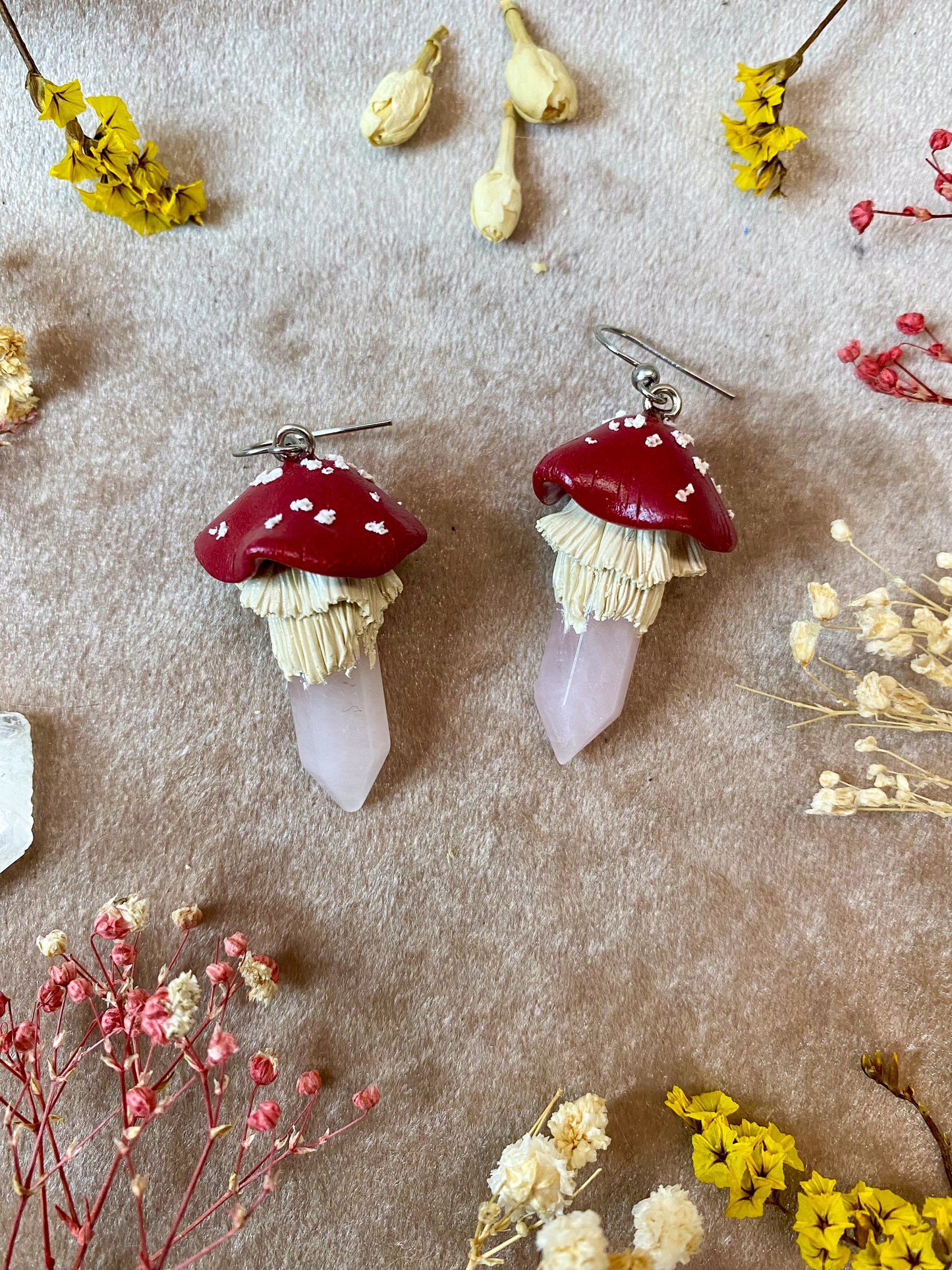 Rose Quartz Crystal Mushroom Earrings