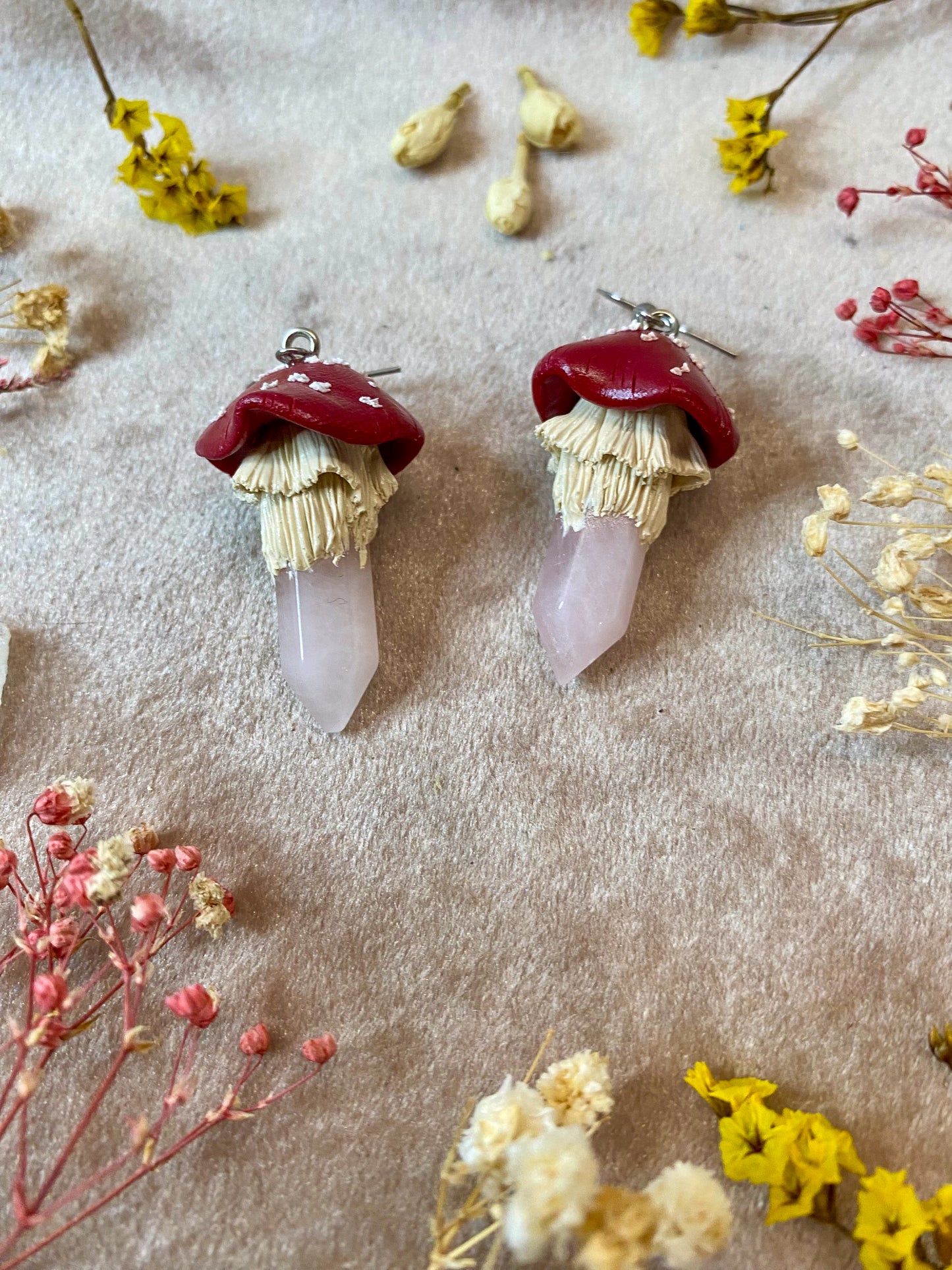 Rose Quartz Crystal Mushroom Earrings